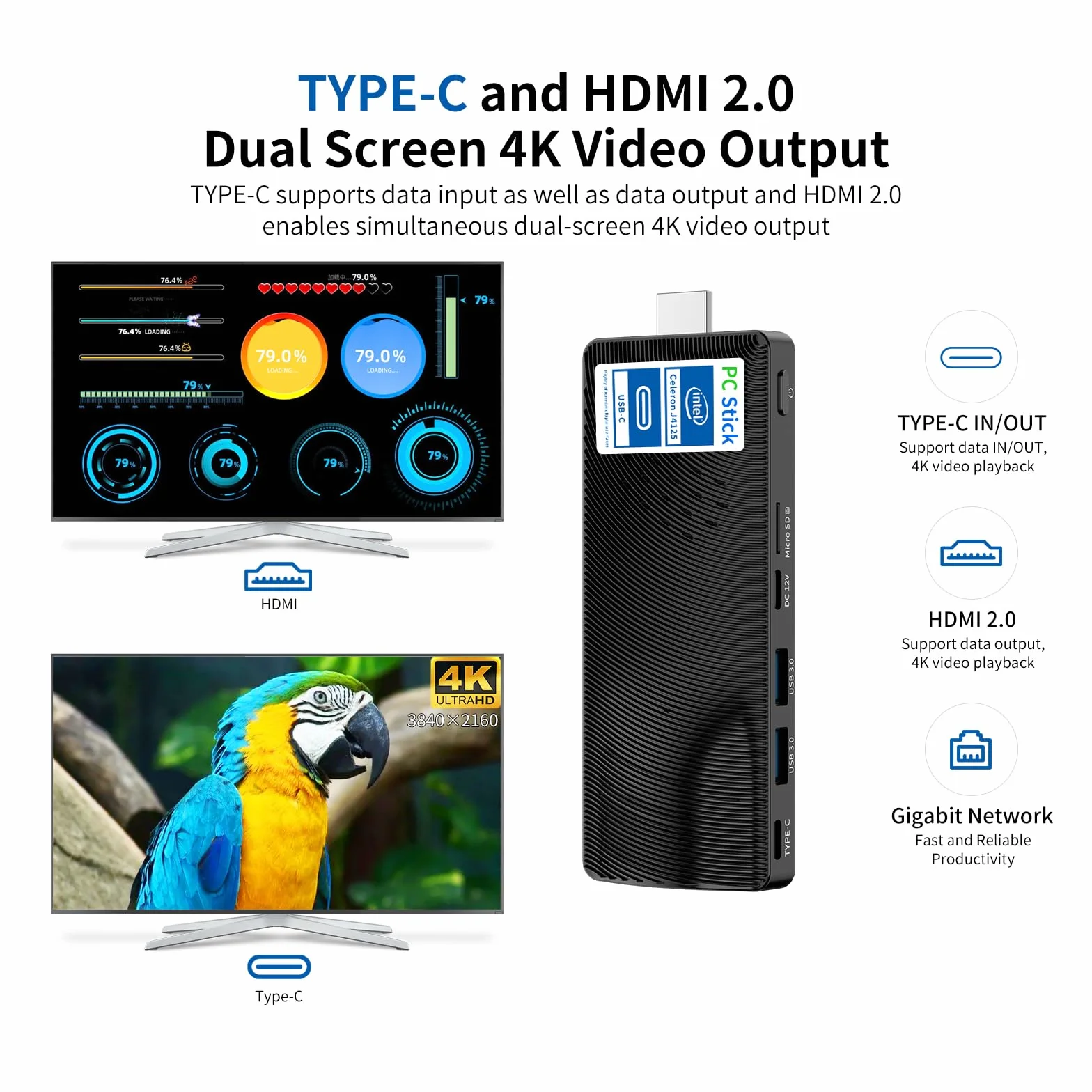 Mini PC Stick Win 11 Pro, mini komputer bez wentylatora, Celeron N4000 4 GB 64 GB eMMC 1.1 GHz, USB-C, USB 3.0 X 2, RJ45 Gigabit Ethernet 4K 60Hz, WiFi BT 5.0, HDMI 2.0 do domu, biura