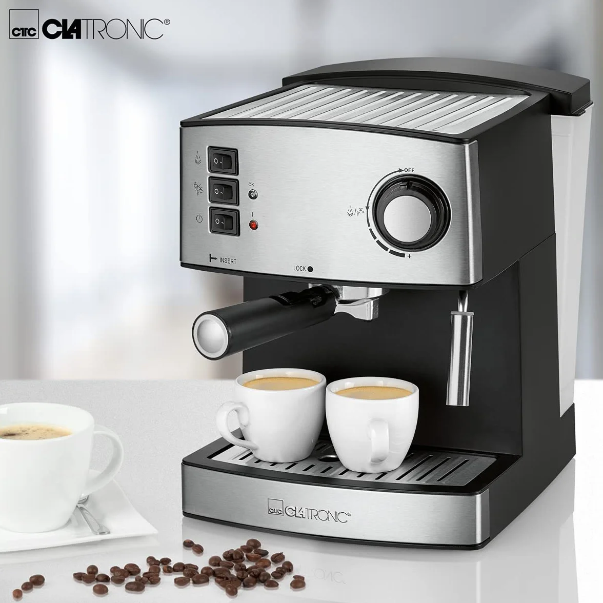 Clatronic ES 3643 ekspres do kawy i cappuccino, front ze stali nierdzewnej, ciśnienie pompy 15 bar, 1,6 litra, funkcja podgrzewania filiżanek, obrotowa dysza pary ze stali nierdzewnej z funkcją spieniania i gorącej wody