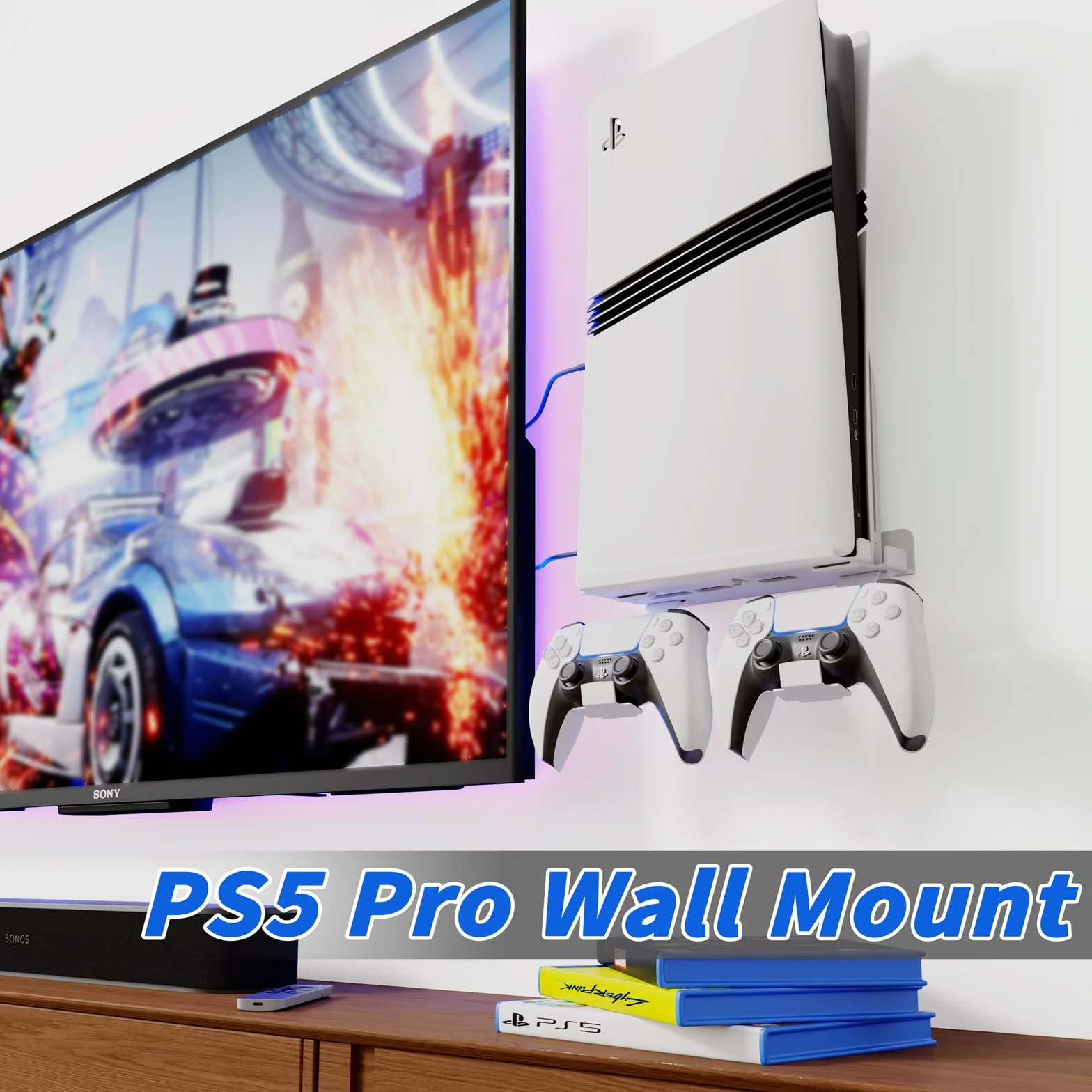 Uchwyt ścienny do PS5 Slim / PS5 Pro - stalowy wspornik 2mm kompatybilny z PlayStation 5 Slim Disc/Digital + uchwyt na 2 kontrolery
