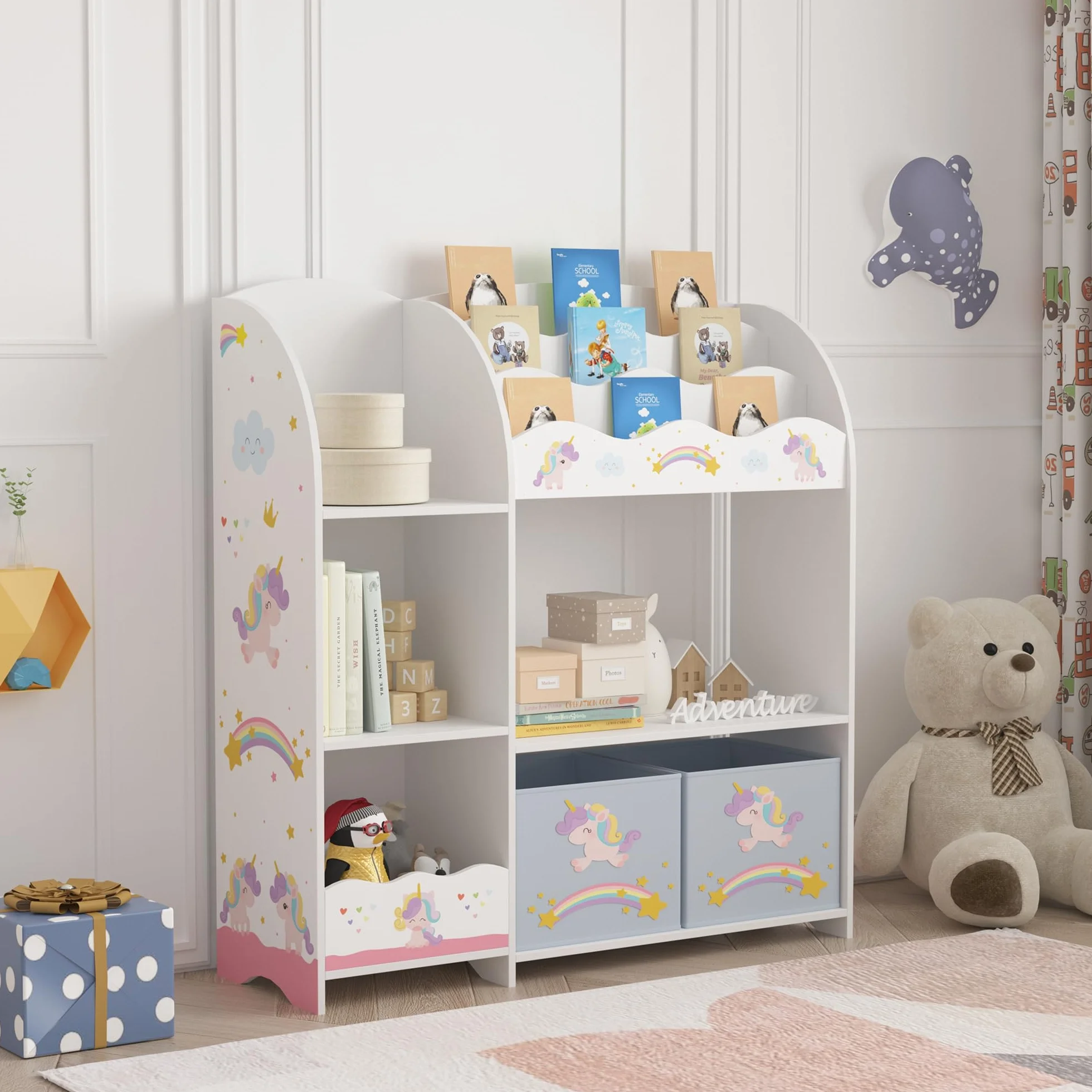 [en.casa] Regał dziecięcy Lysekil regał na książki dla dzieci z 2 pudełkami do przechowywania, regał na zabawki 100 x 93 x 30 cm, przechowywanie zabawek, motyw jednorożca