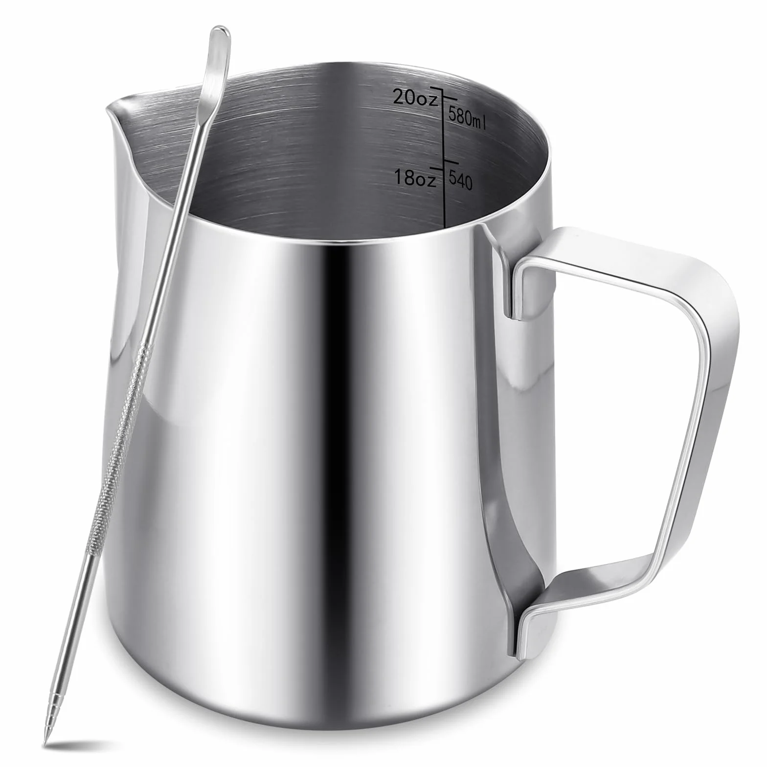 Dzbanek do spieniania mleka do ekspresu do kawy, 600 ml, dzbanek na mleko ze stali nierdzewnej 304, z dekoracyjnym długopisem artystycznym, metalowe akcesoria baristy, do cappuccino, latte i espresso