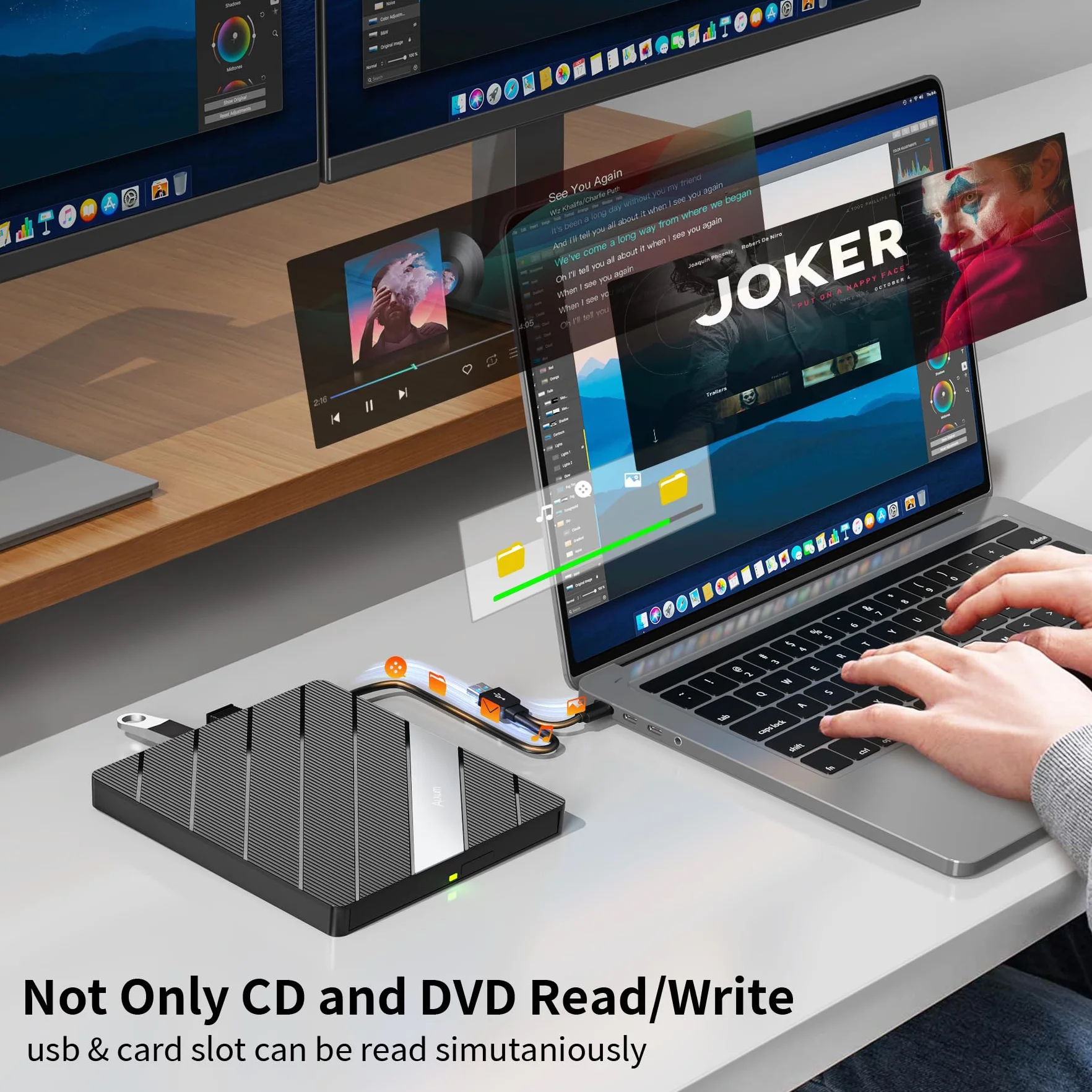 Alxum Zewnętrzny napęd CD - typ C USB 3.0 przenośny nagrywarka DVD/CD RW ROM z gniazdem SD/TF i portami USB CD 24X DVD 8X Super szybki czytnik CD/DVD do laptopa/Windows/Linux/Vista/Imac/Macbooka