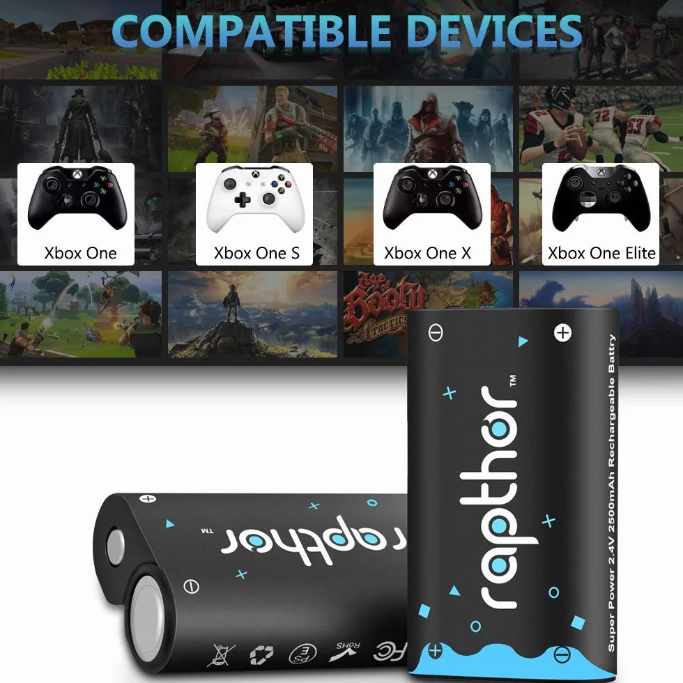 Rapthor Akumulatory do kontrolerów Xbox One/Xbox Series X/Xbox One S/Xbox One X/Xbox One Elite, 2 x 2500 mAh akumulatory wielokrotnego ładowania