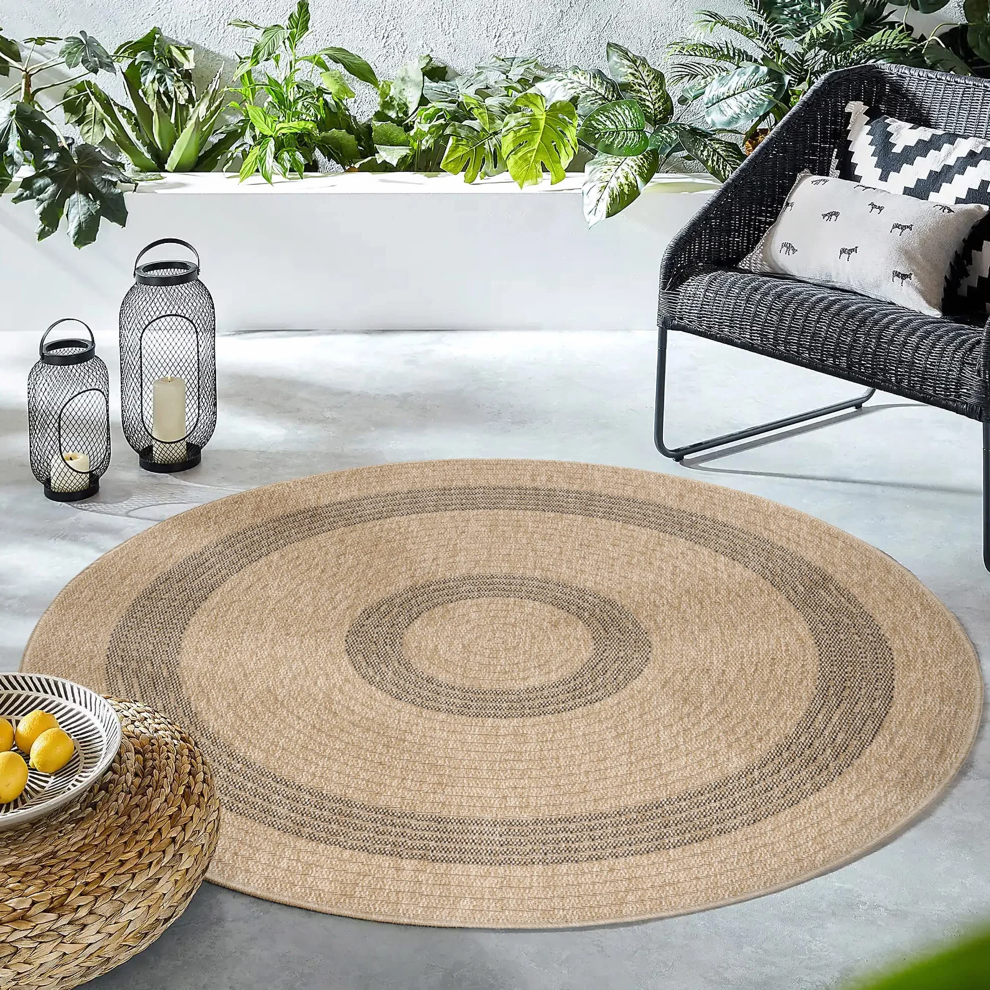 HomebyHome Dywan Okrągły 120 cm Czarny Sizalowo-Jutowy Wodoodporny