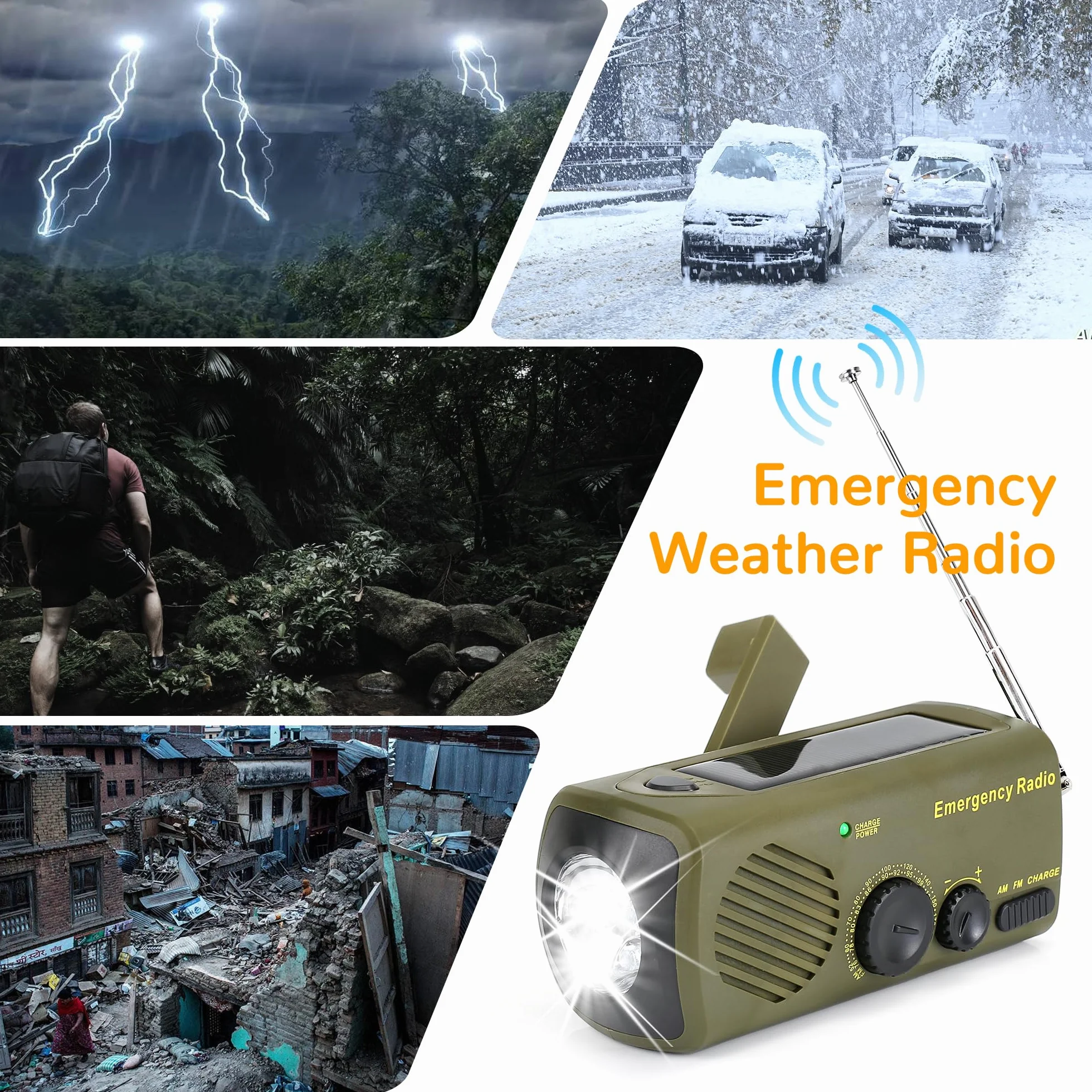 Awaryjne Radio Słoneczne, Przenośne z Korbą Ręczną AM/FM, Powerbank 1200 mAh, Alarm SOS, Latarka LED, Dynamo, Ładowarka USB do Telefonu, Na Kemping i Wędrówki