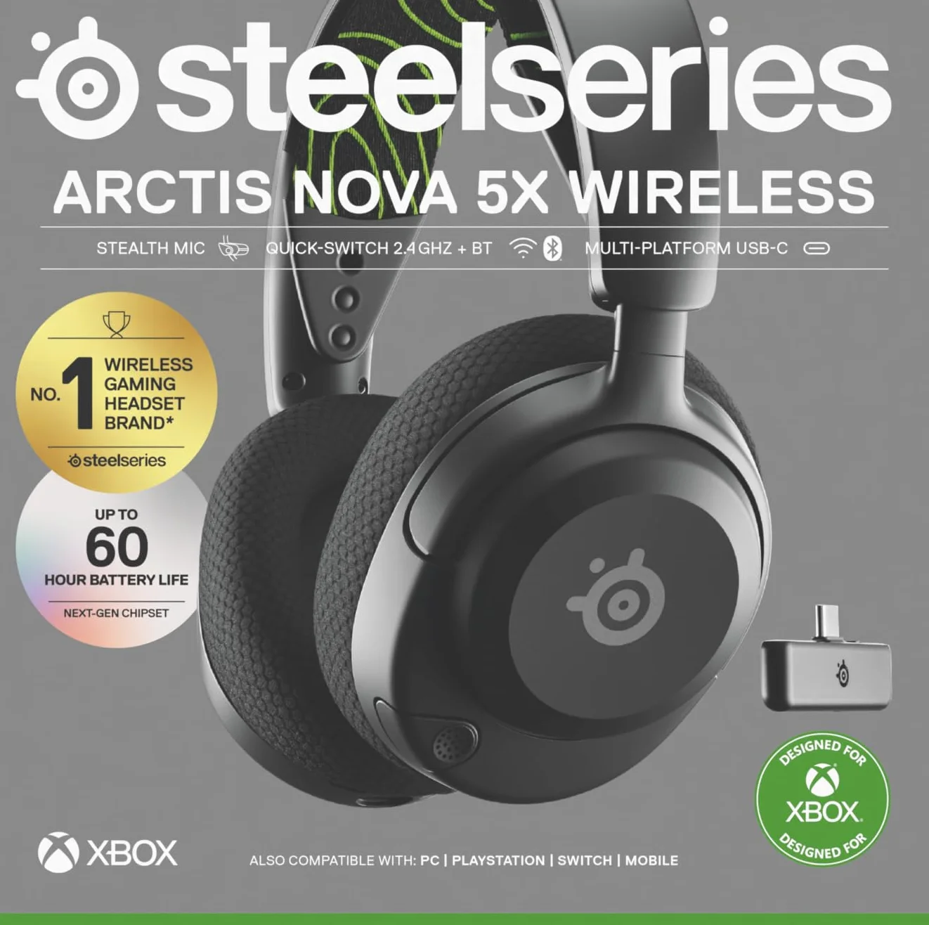 SteelSeries Arctis Nova 5X słuchawki wi-fi do gier, neodymowe przetworniki, 60h baterii, 2,4 GHz BT, Mik.Gen2.X Xbox PC PS Switch mobile