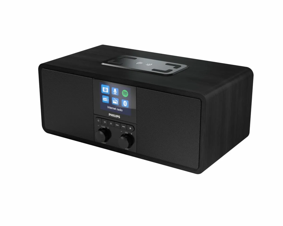 Philips Audio Radio internetowe R8805/10 DAB+ radio ze złączem Spotify (Bluetooth, minutnik snu, podwójny alarm, podkładka ładująca Qi do telefonu komórkowego, USB) czarny