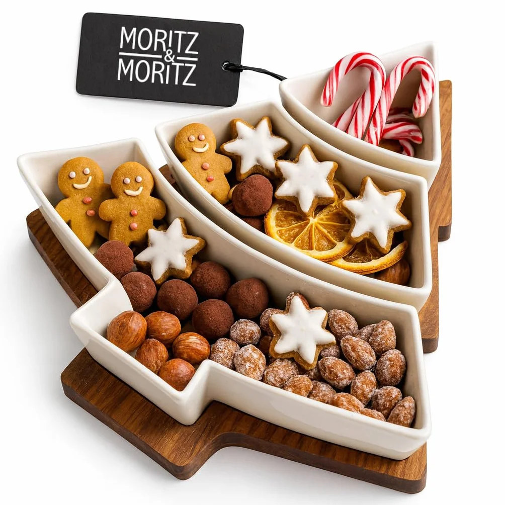 Moritz & Moritz Zestaw miseczek do serwowania Boże Narodzenie Choinka - zestaw miseczek do dipów z drewnianą tacy z drewna akacjowego - ceramiczne miseczki na przekąski, dip, ciastka i świąteczne