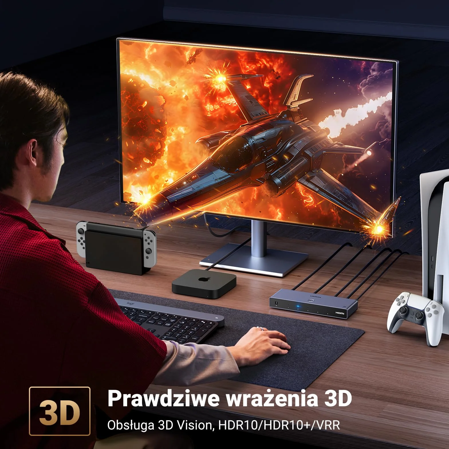 UGREEN PrzełąCznik Hdmi 8k@60hz 5 Wejść 1 WyjśCie Aluminium ObsłUga 4k@240hz Hdr10+ Hdcp 2.3 Cec Rozdzielacz Hdmi 2.1 Z Zasilaczem Kompatybilny Z Ps5/4 Xbox Switch Roku Apple Tv Fire Stick