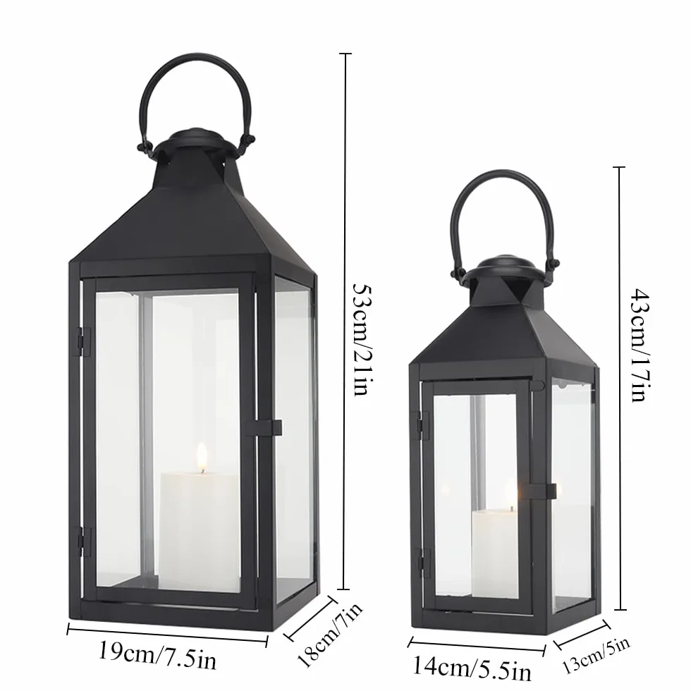 JHY DESIGN Zestaw 2 Latarni Dekoracyjnych, 44,5 cm & 24 cm Wysokości, Latarni na Zewnątrz, Czarnych, Świeca Duża, Wisząca Latarnia do Wnętrz, Imprez, Wesel, Vintage Style (Czarny)
