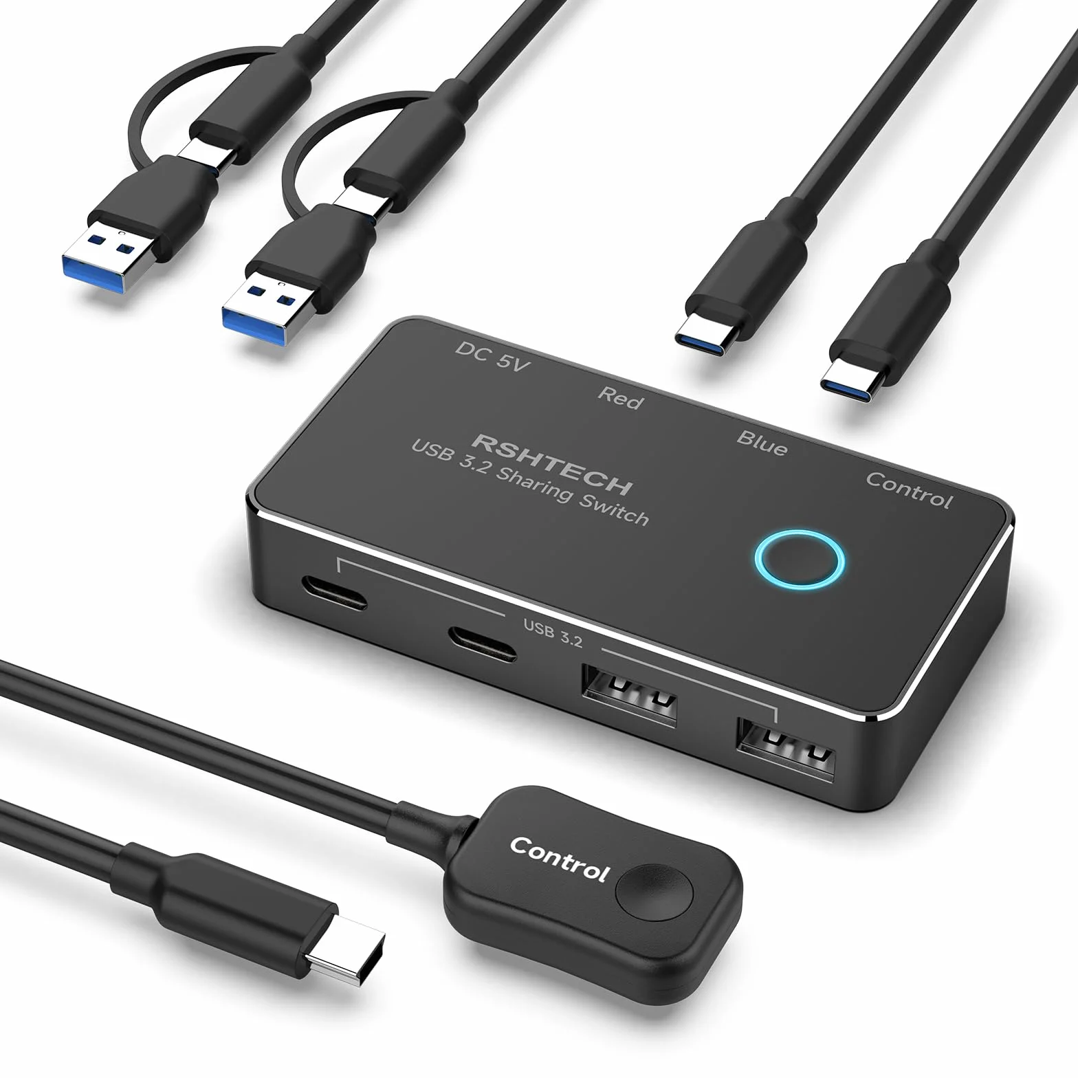RSHTECH Przełącznik Kvm 10 Gbps 2 PC 2 monitory – USB 3.2 przełącznik 2 w 1 out, przełącznik USB z 2 typami A i 2 typami C – w zestawie kontroler do komputera stacjonarnego i 2 kable do transmisji