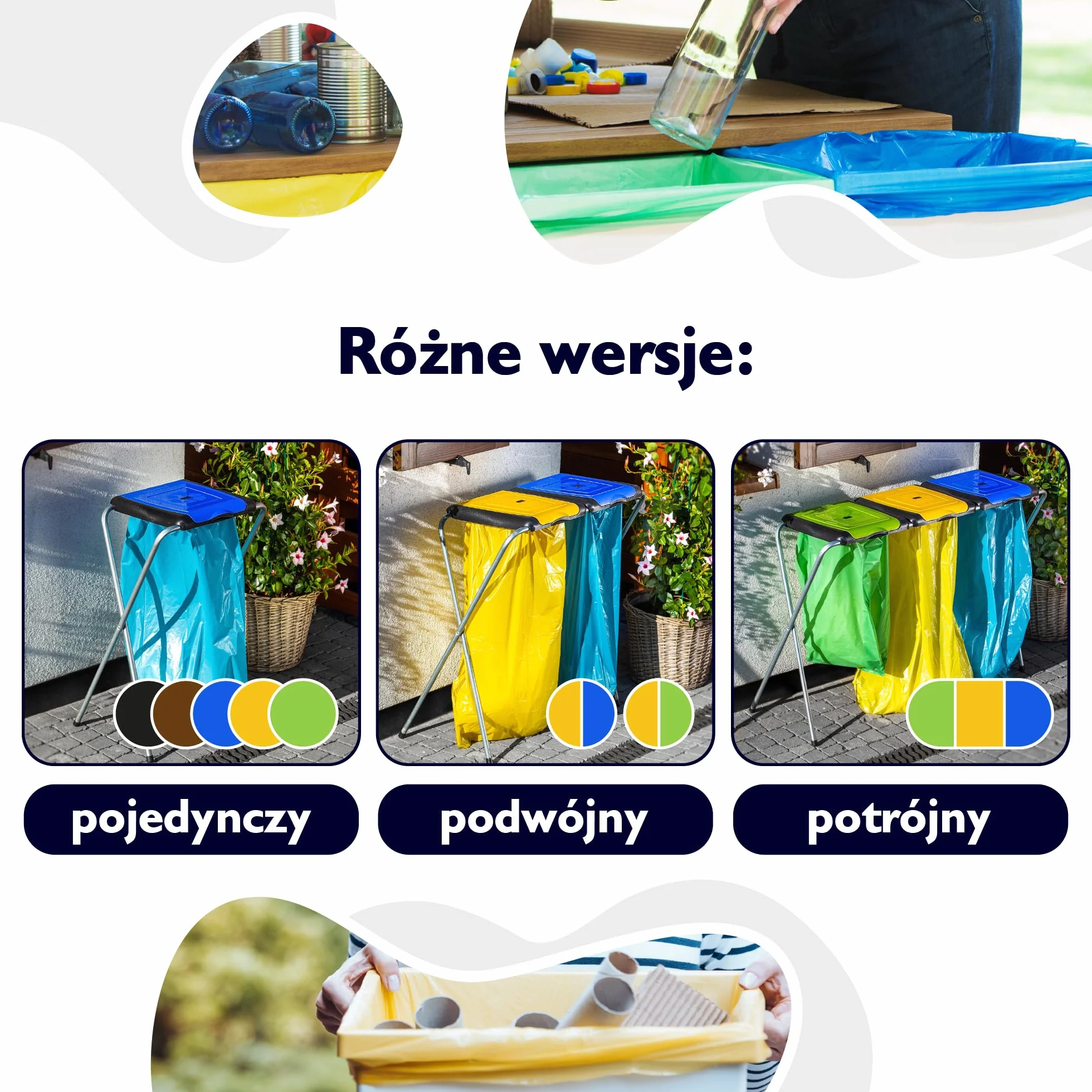 KADAX Potrójny stojak do segregacji odpadów, stabilny uchwyt na trzy worki z plastikowymi pokrywami, oszczędność miejsca, idealny do domu, garażu i ogrodu