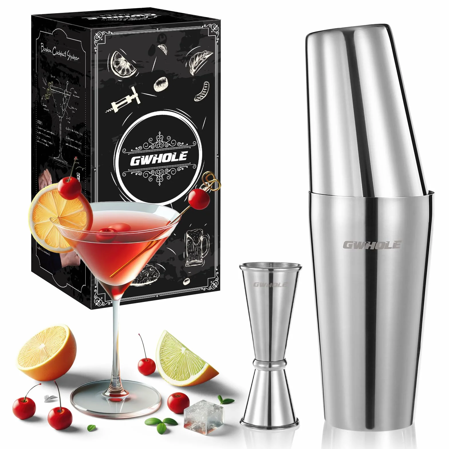 GWHOLE Zestaw do koktajli 750ml ze stali nierdzewnej 304, zestaw do koktajli, shaker do koktajli Boston, mikser, zestaw barmana, akcesoria barowe z miarką 550ml, do domu, na imprezę, prezent