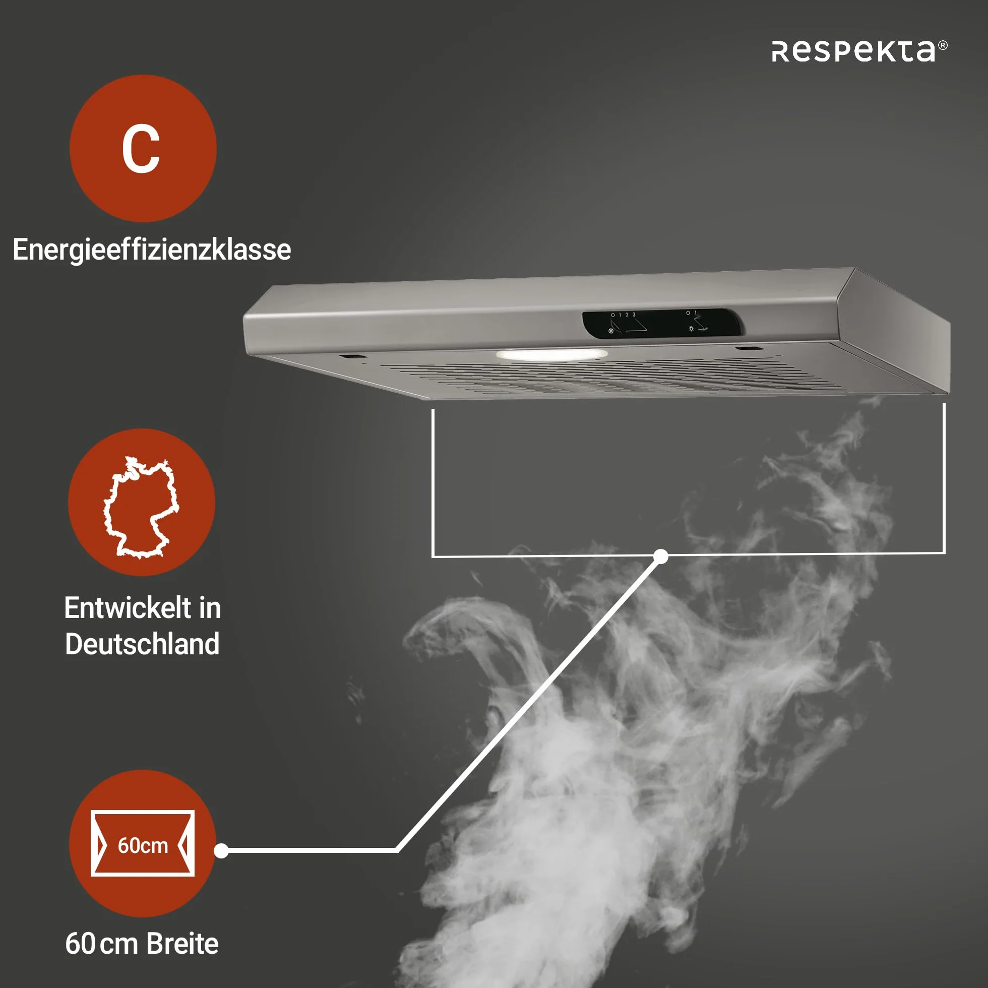 Respekta Okap kuchenny podszafkowy, okap kuchenny Suna 60 cm, metalowa obudowa o wyglądzie stali nierdzewnej, funkcja wywiewu i recyrkulacji, DH640IXL, C, 52–68 dB