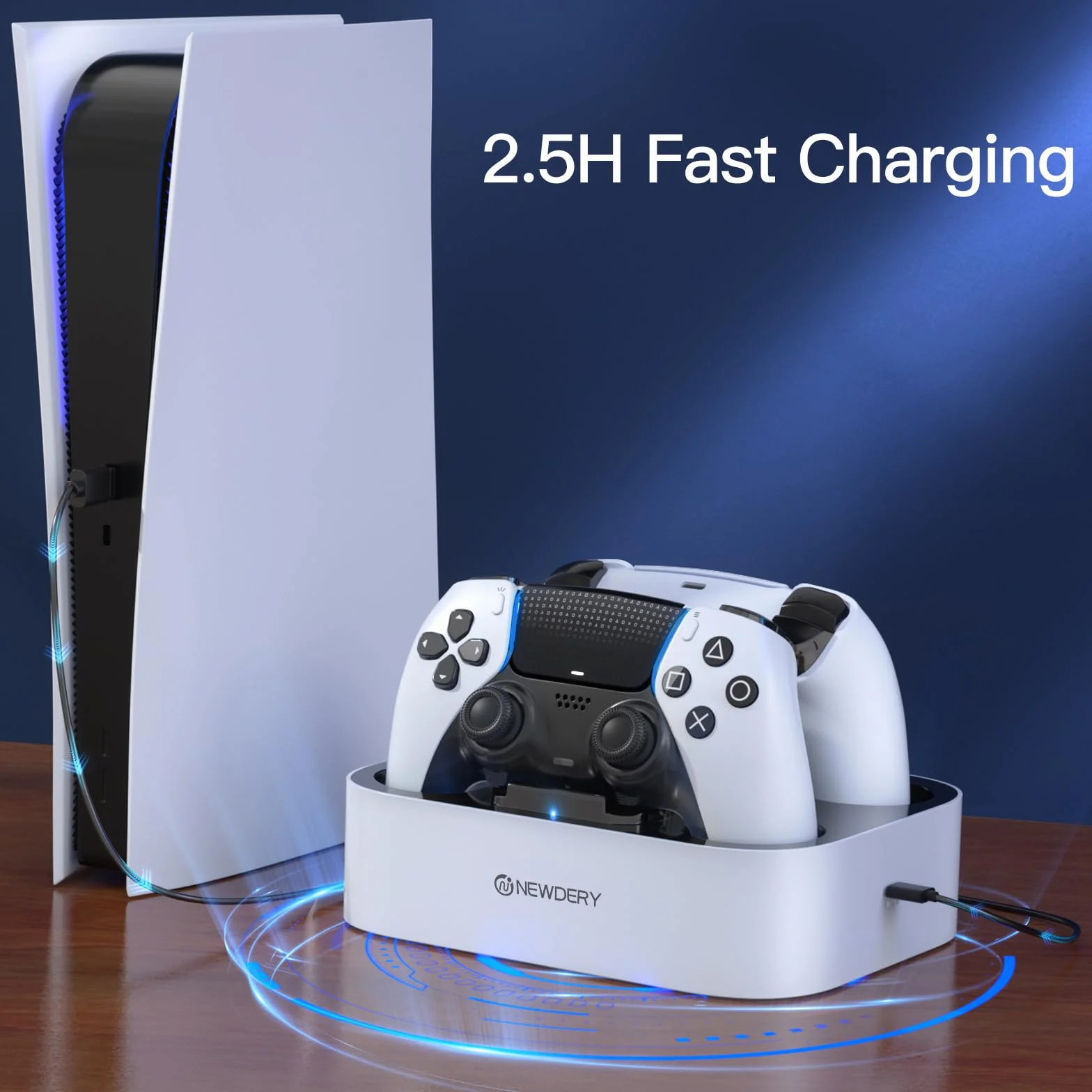 NEWDERY PS5 Kontroler Stacja ładująca Stacja ładująca Szybka ładowarka Kontrolery PlayStadion 5 Podwójny czujnik z diodami LED/Szybkie ładowanie/Ładowarka z potrójną ochroną