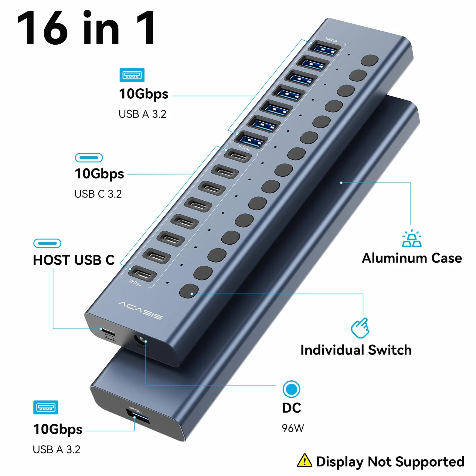 Zasilany koncentrator USB 3.2, ACASIS 16 portów, koncentrator USB 3.2 (8 portów USB-A 3.2 + 8 portów USB-C 3.2), aluminiowy hub USB zasilany zasilaczem 96 W, hub USB do PC/laptopa, komputera