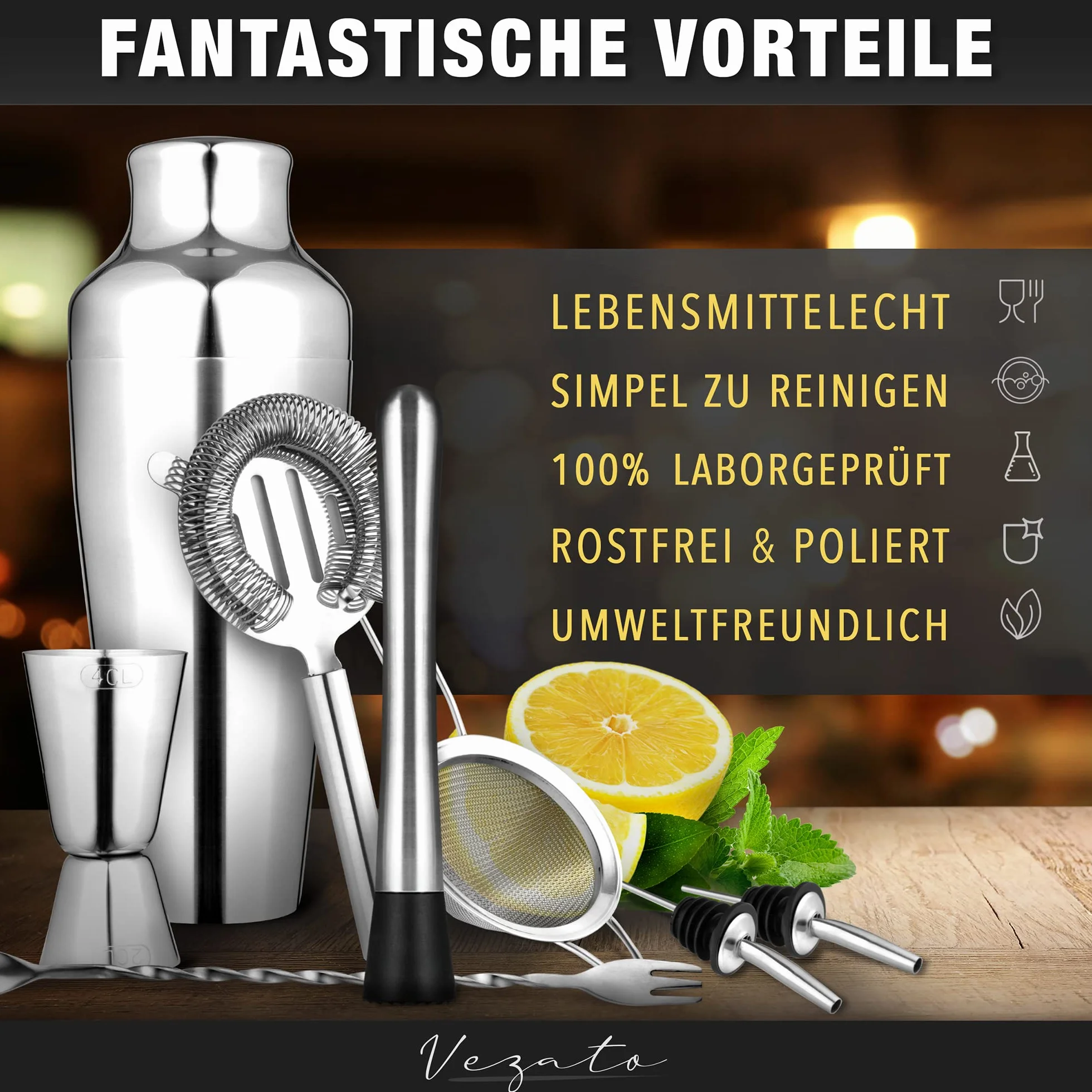 Vezato Zestaw shaker do koktajli ze stali nierdzewnej 750 ml – wysokiej jakości zestaw barmanów – nadaje się do mycia w zmywarce i nierdzewne akcesoria do koktajli – idealny zestaw do koktajli na