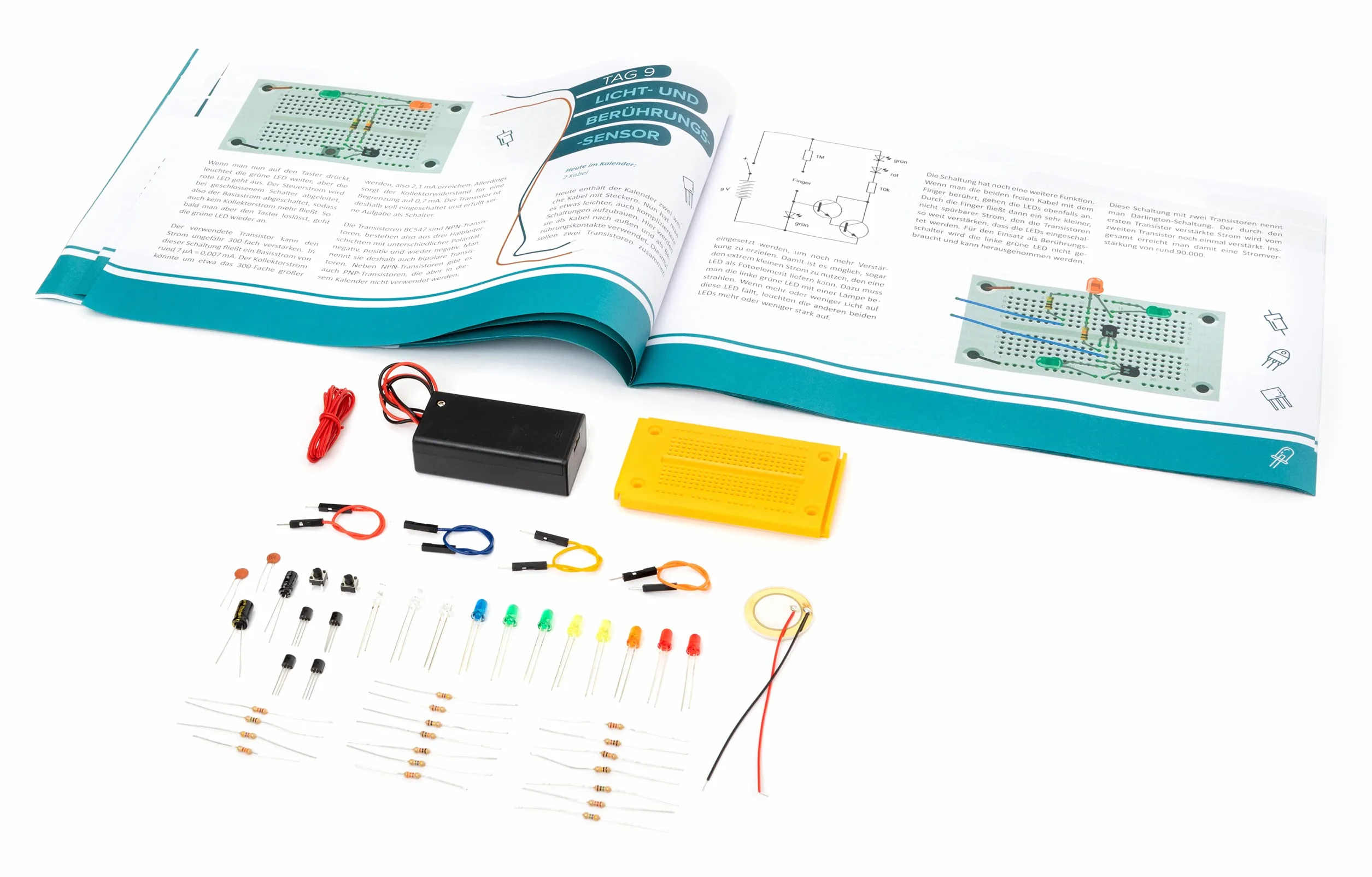 FRANZIS 67400 Elektroniczny kalendarz adwentowy, 24 eksperymenty z elektroniki, zestaw z płytką drukowaną
