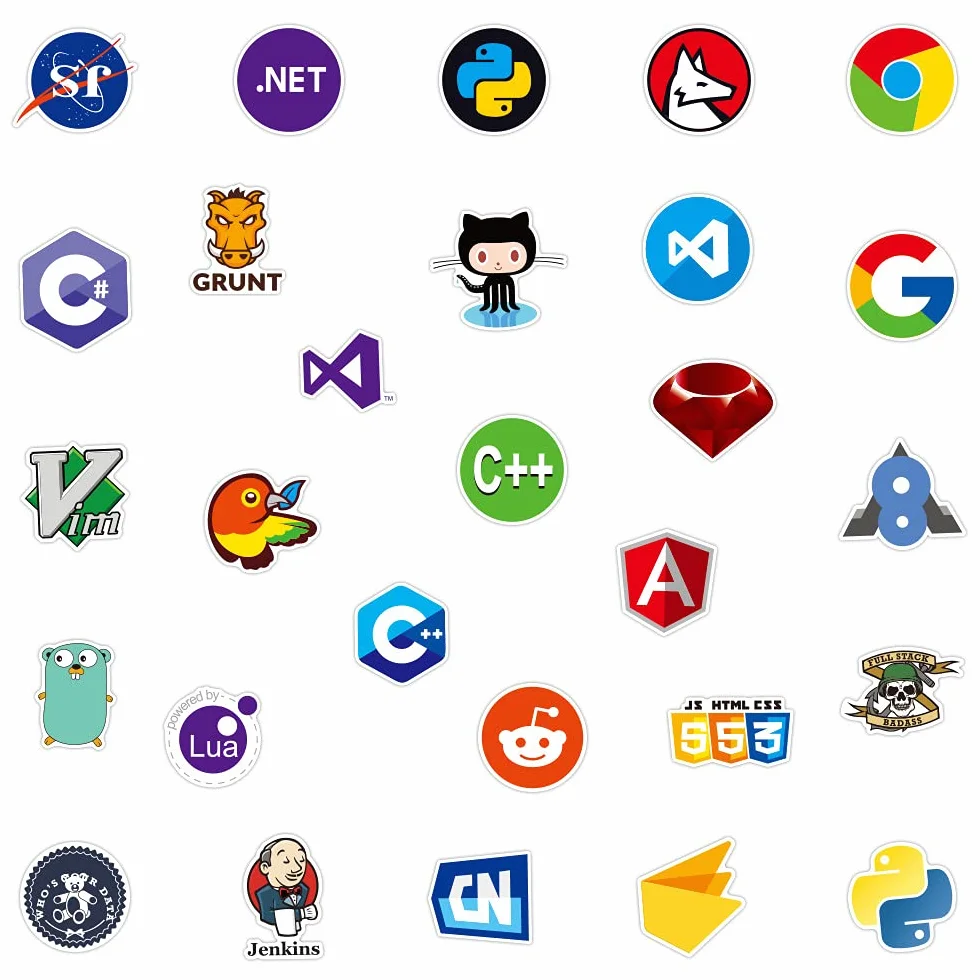 108 naklejek na laptopa dla programistów, języki programowania, zawiera naklejki: IT-Logo, C ++, Python, Linux, Swift, dla geeków, inżynierów, hackerów