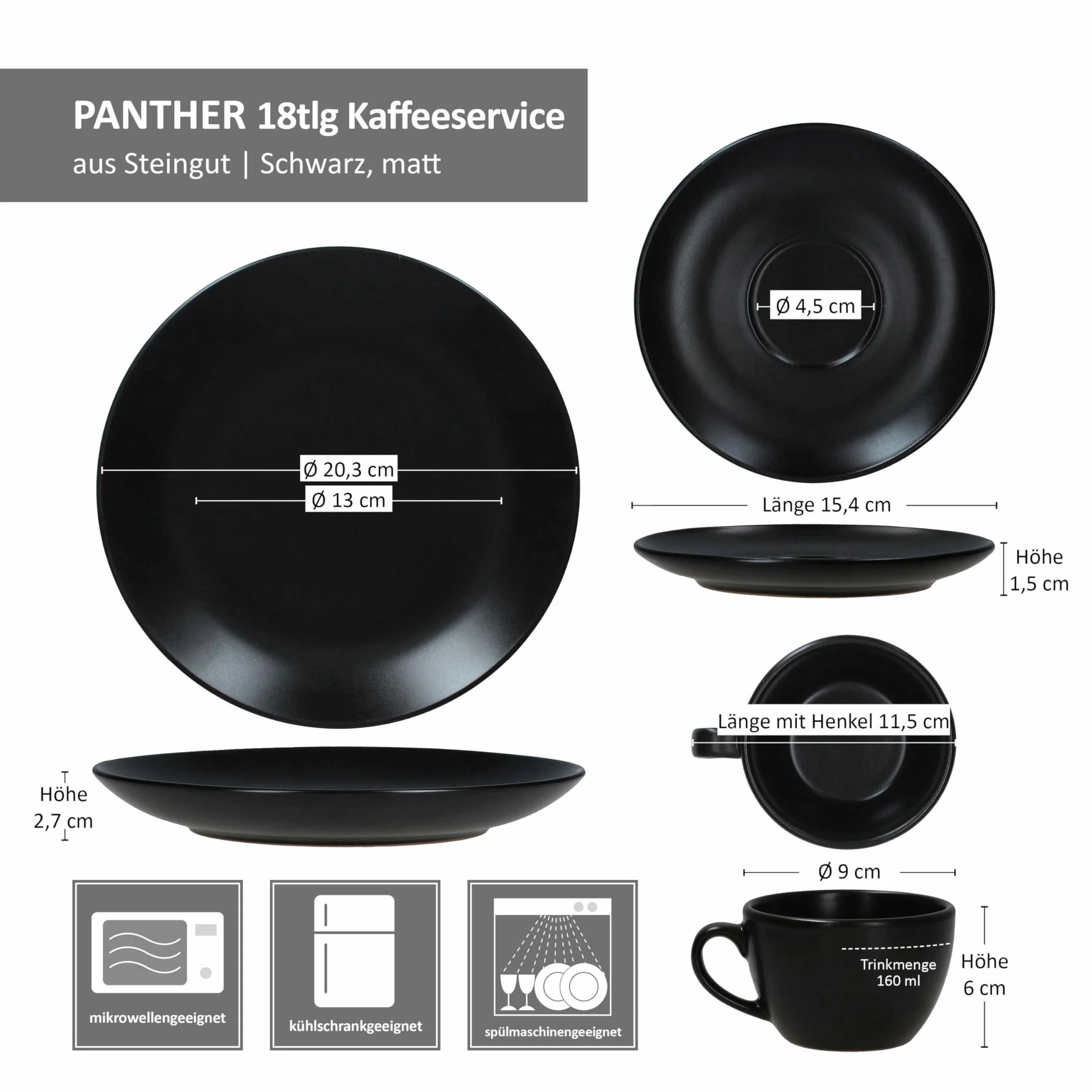 MamboCat Panther 18-częściowy serwis kawowy czarny I Matowe naczynia z kamionki dla 6 osób I Po 6X filiżanek 160ml, spodki i talerze do ciast I elegancki zestaw do śniadania i kawy