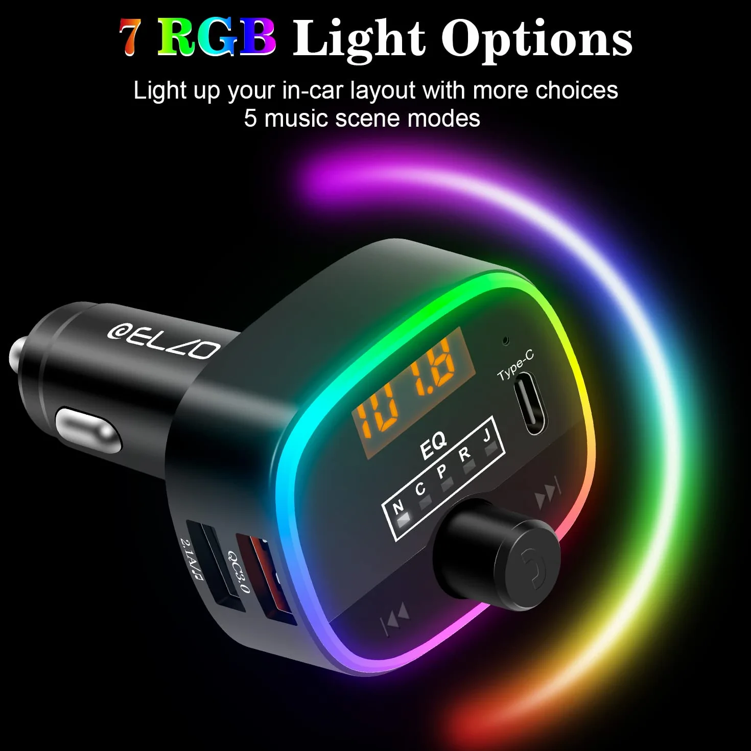 ELZO Nadajnik FM Bluetooth do samochodu, 5.0 Bluetooth adapter samochodowy z 10 kolorami światła LED i szybkim ładowaniem QC3.0, nadajnik Bluetooth, obsługa odtwarzacza MP3, zestaw głośnomówiący, czarny