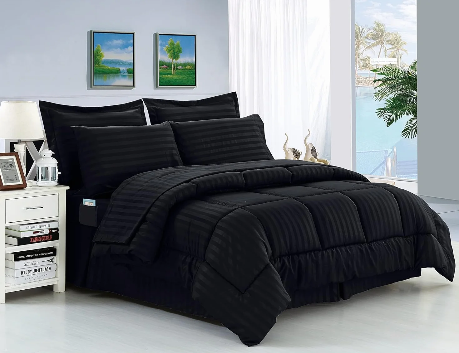 Elegant Comfort Stripe Bed-in-a-Bag 8-częściowy zestaw kołder bawełna czarny King