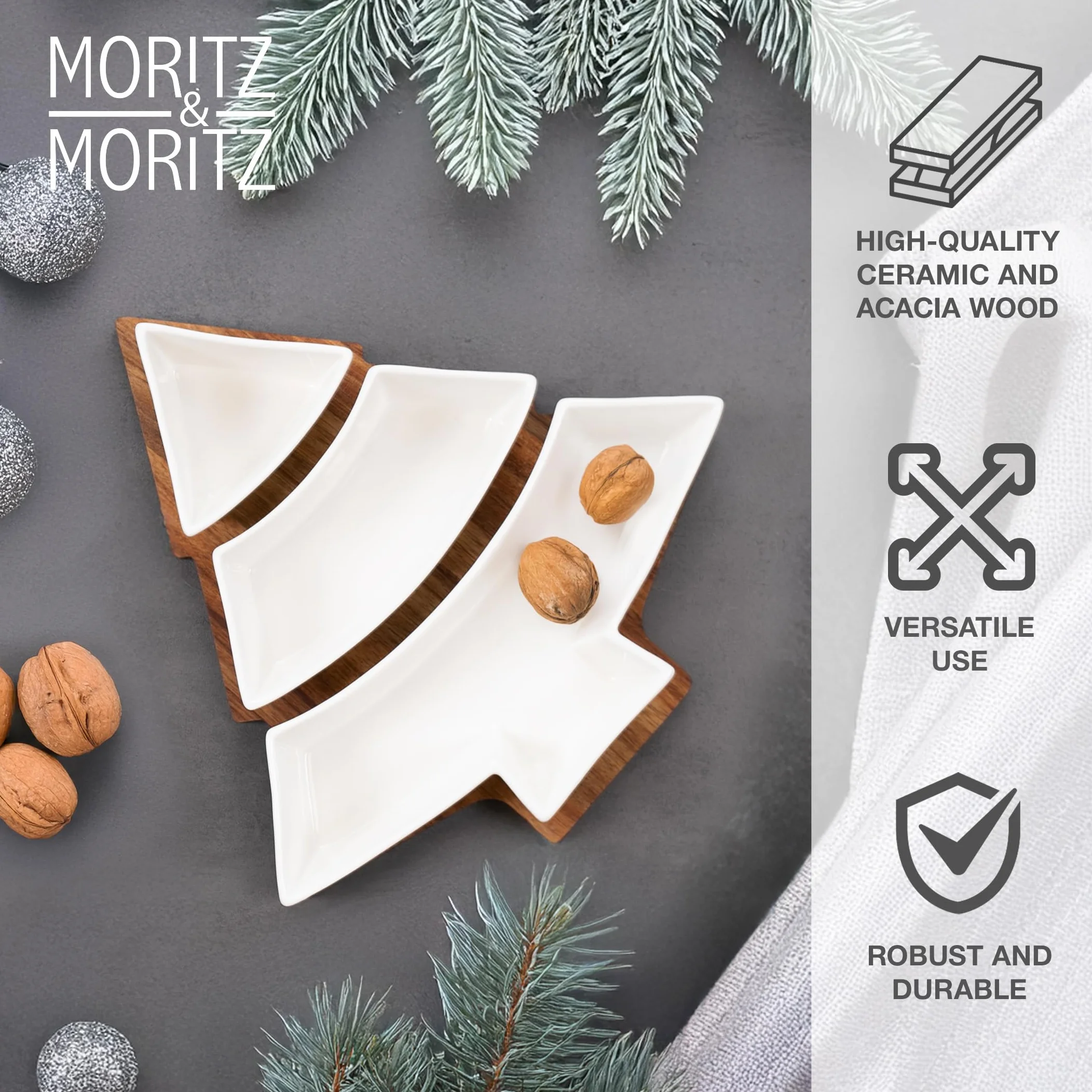 Moritz & Moritz Zestaw miseczek do serwowania Boże Narodzenie Choinka - zestaw miseczek do dipów z drewnianą tacy z drewna akacjowego - ceramiczne miseczki na przekąski, dip, ciastka i świąteczne