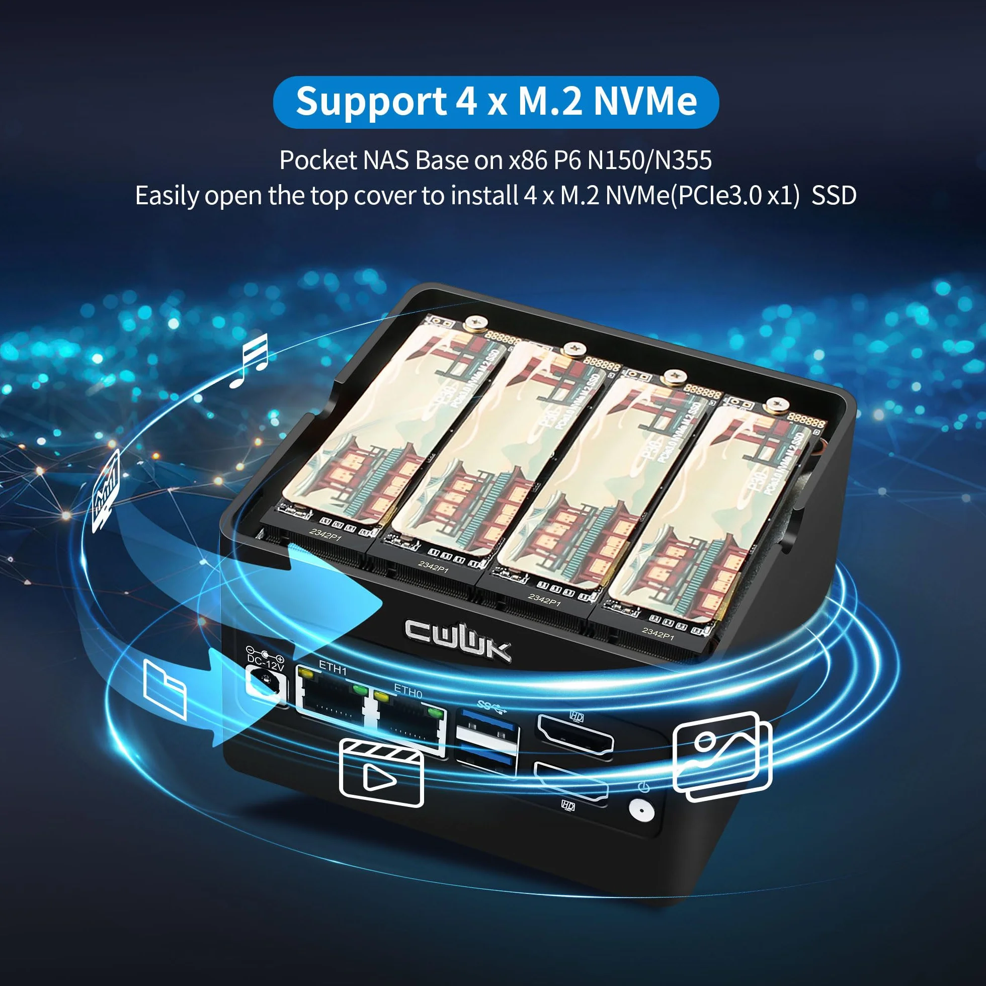 CWWK X86-P6 N150 Mini PC Pocket NAS, 4 Bay M.2 NVMe mini komputer z 2 x i226-V 2,5 GbE LAN, Micro PC Barebone DDR5, NO RAM/SSD/OS, obsługa WiFi7/BT5.4, możliwość rozszerzenia, 2 wyświetlacze, USB 3.2