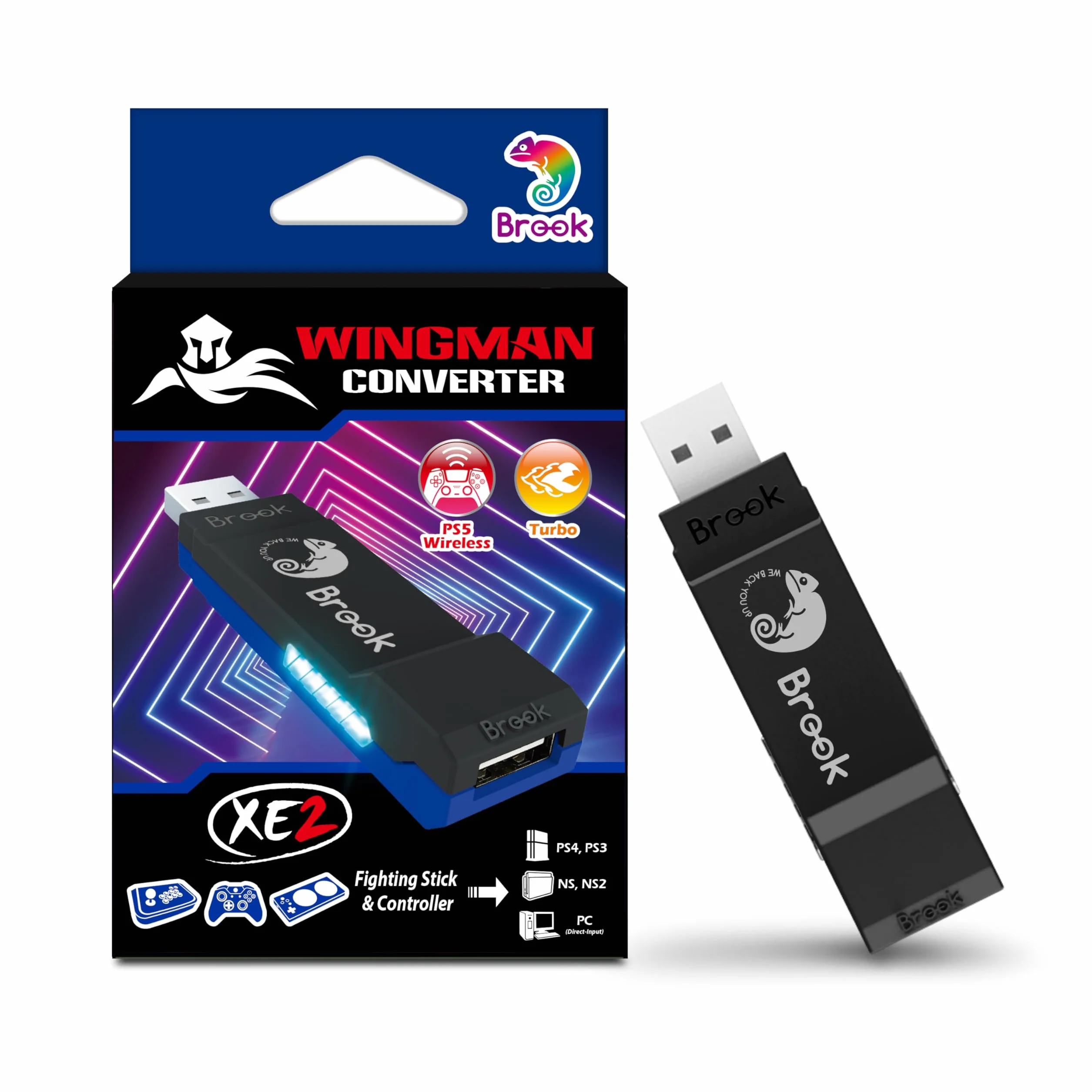 Brook Konwerter Wingman XE 2, dwa w jednym, bezprzewodowy adapter kontrolera do PS, konsol przełączników i komputera, obsługuje regulowane turbo, niebieski