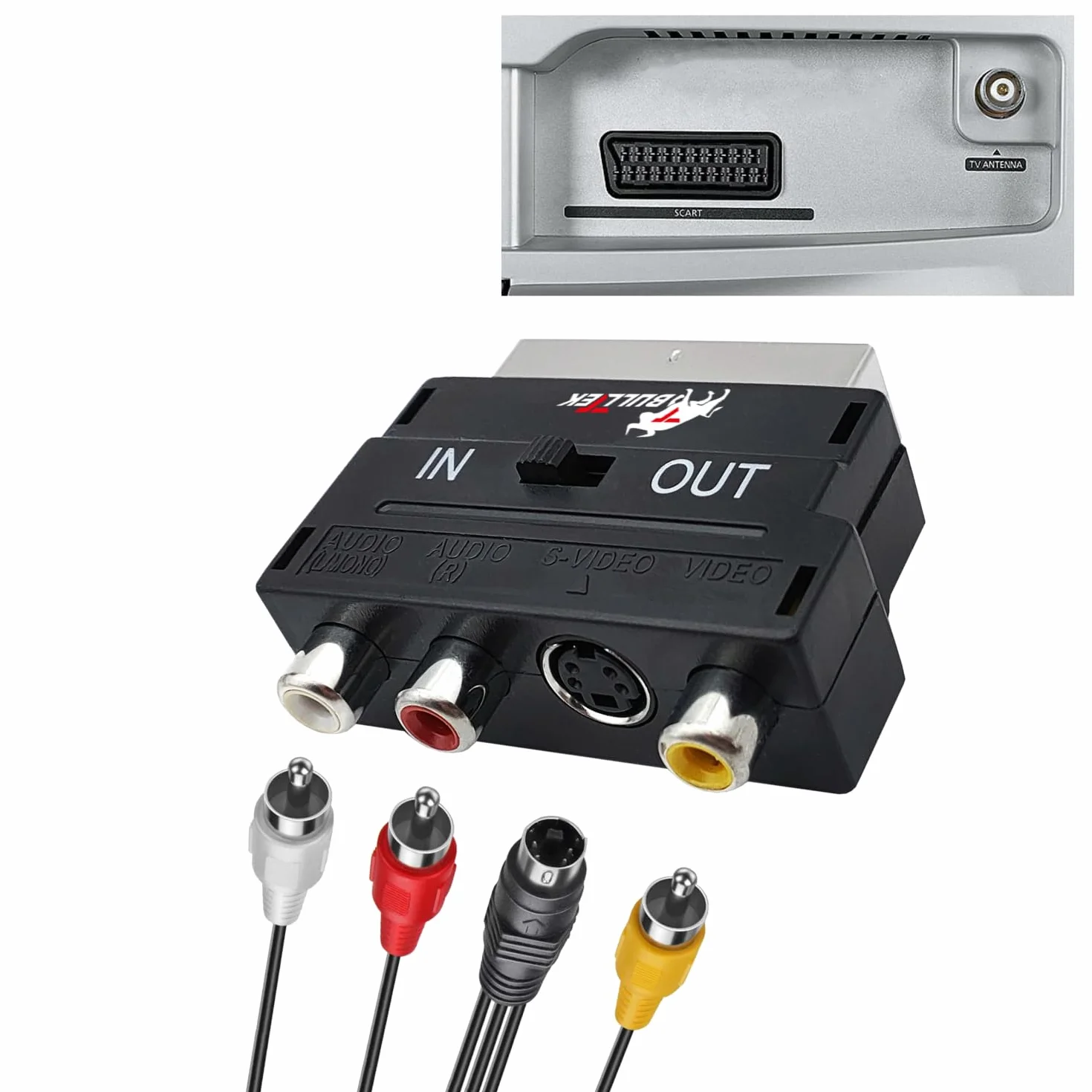 Konwerter SCART na 3 x RCA Jacks | Przełącznik wejścia/wyjścia | Podłączenie konsol, DVD, VHS | Dźwięk mono i stereo | S-VHS SVIDEO, kolor czarny