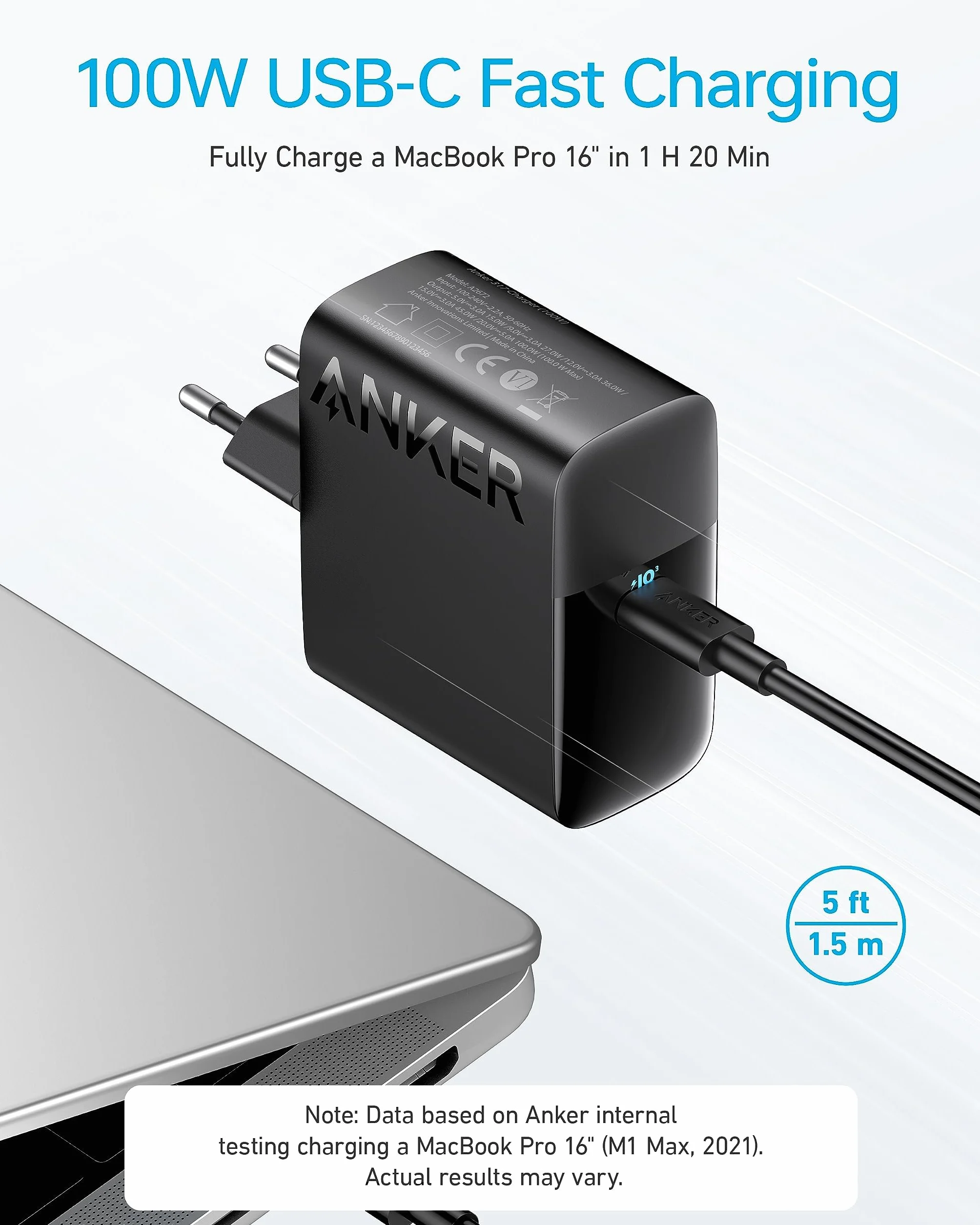 Anker Ładowarka USB-C 100 W, ładowarka do MacBooka Pro, kompaktowa szybka ładowarka Anker PIQ 3.0 do MacBooka, iPada Pro, iPhone'a 16/15, USB-C (kabel w zestawie)