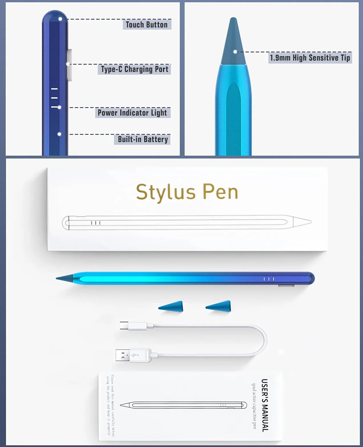 TiMOVO Stylus Pen for iPad, iPad Pencil 2nd Generation with Palm Rejection for 2018-2025 iPad 11th/10th/9th/8th/7th Gen, iPad Pro 13"/11"(M4)/12.9", iPad Air 11"/13" (M3/M2), iPad Mini 7/6th, Blue
