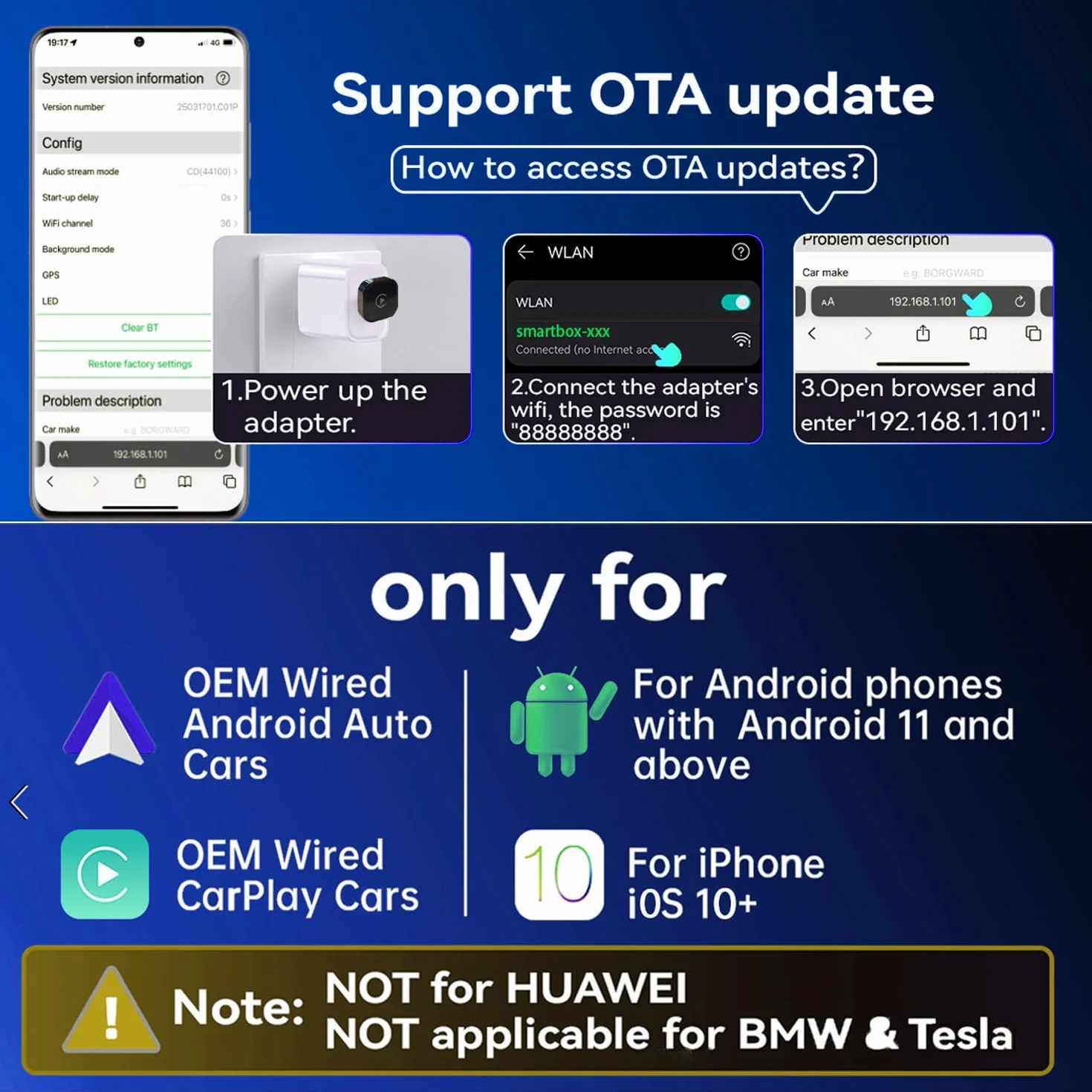 Adapter CarPlay Wireless 2025, aktualizacja OTA, pasuje do samochodów z 2016 i nowszych z CarPlay, współpracuje z iPhone iOS 11+ i Android Auto, Mini i Stable, automatyczne ponowne łączenie.