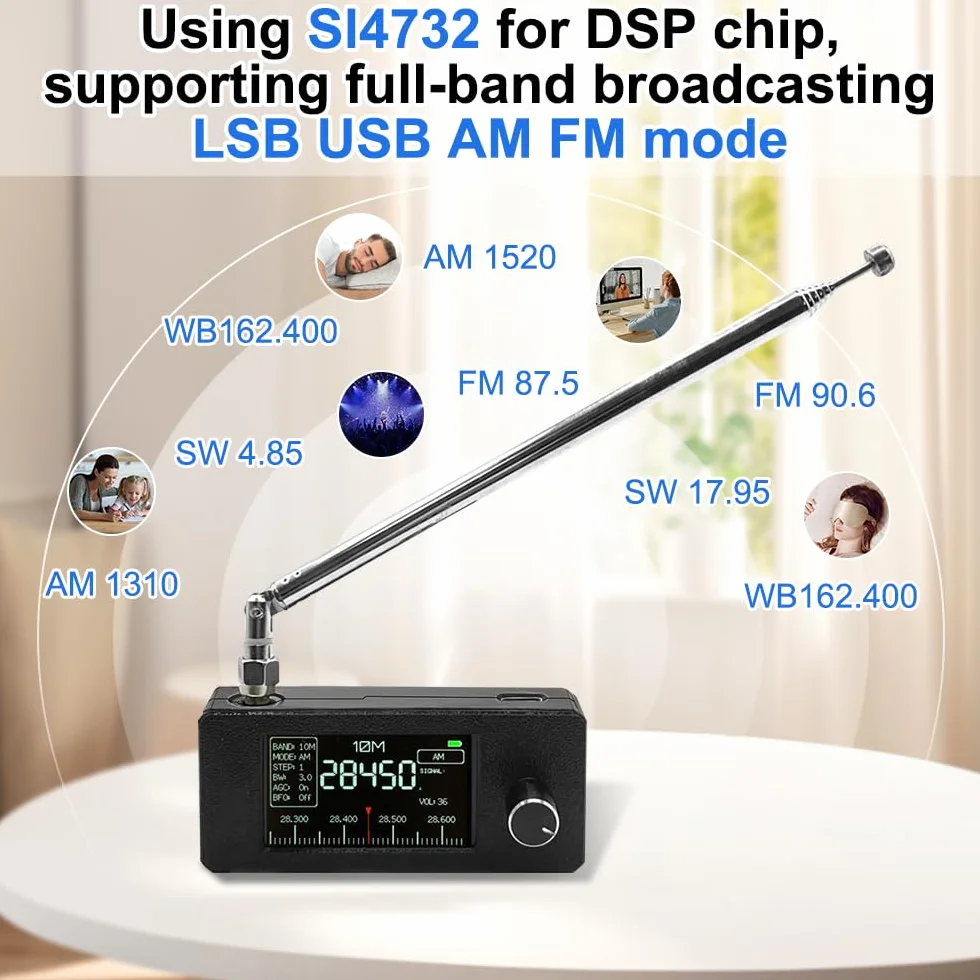 Mini radio Si4732, kieszonkowe radio 0,5-108 Mhz Si4732, sterowanie Esp 32-S3, z akumulatorem 800 Mah, 1,9-calowym wyświetlaczem IPS i przenośną anteną teleskopową, do transmisji AM, FM, LSB i