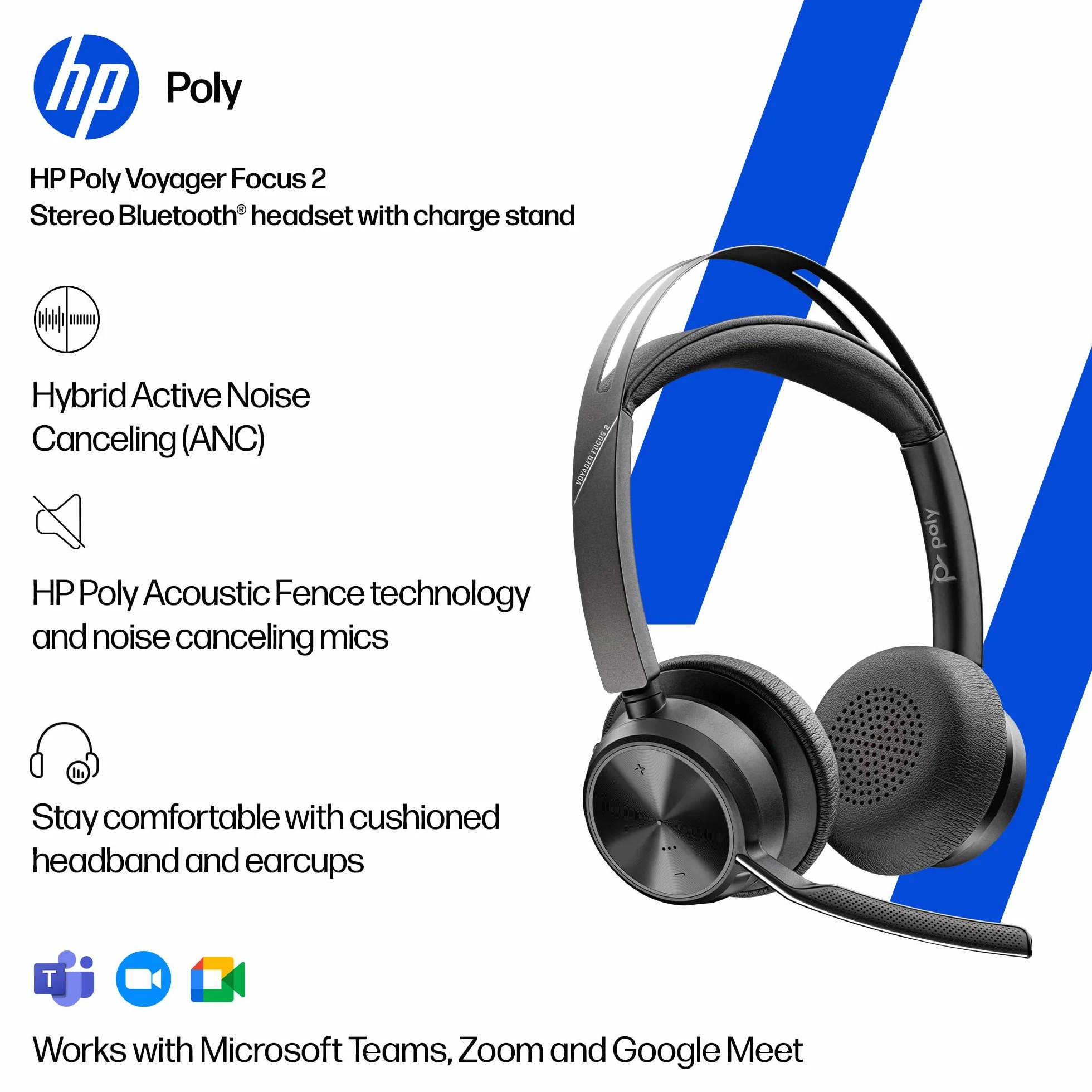 POLY Voyager Focus 2 zestaw słuchawkowy USB-C ze stacją ładującą i adapterem USB-C/A – Bluetooth, ANC, technologia Acoustic Fence, do 25 godzin rozmów, czarny