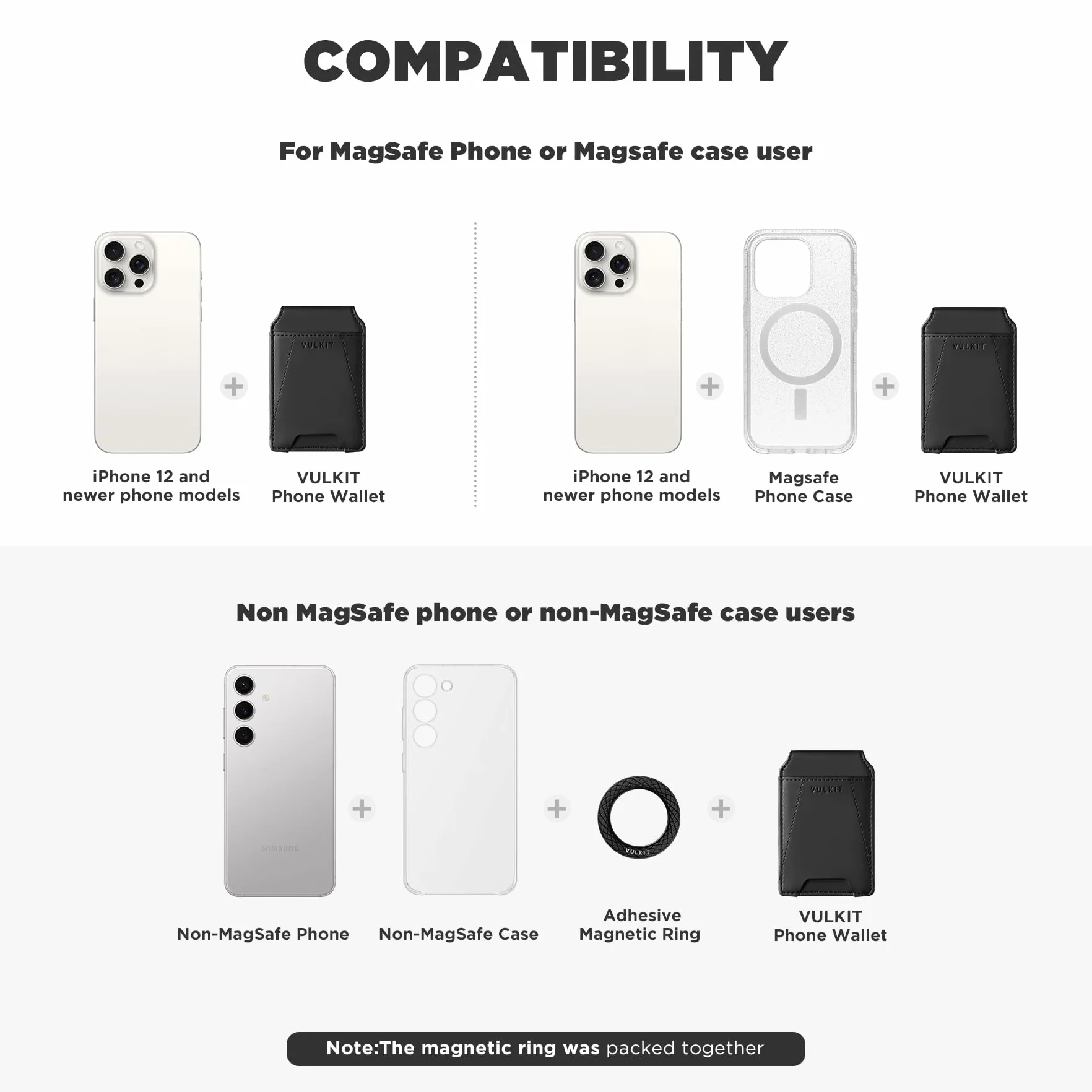VULKIT Portfel magnetyczny kompatybilny z MagSafe, portfel na telefon z regulowaną podstawką, do iPhone'a 15/14/13/12, 4 skórzane przegródki na karty, z dodatkowym samoprzylepnym pierścieniem