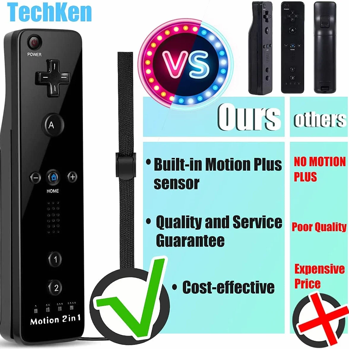 TechKen zestaw 2 sztuk kontrolerów Wii lewostronnych z Motion Plus, pilot Wii Remote z silikonową osłoną i opaską na rękę