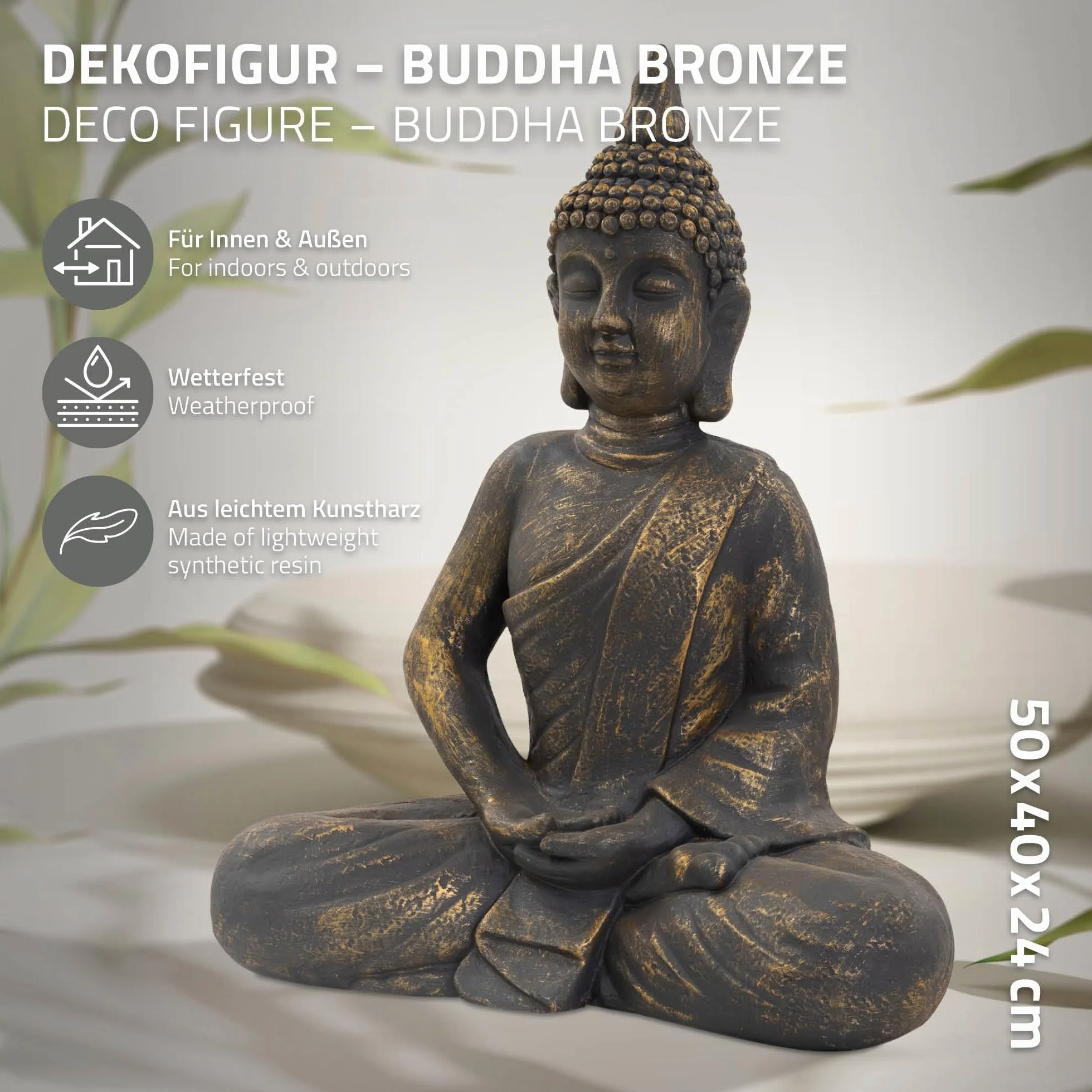 ECD Germany Figurka Buddy siedząca, wysokość 50 cm, wykonana z odpornej na warunki atmosferyczne żywicy poliestrowej, brązu, Feng Shui, figurka Buddy jako dekoracja domu, mieszkania i ogrodu, figurka