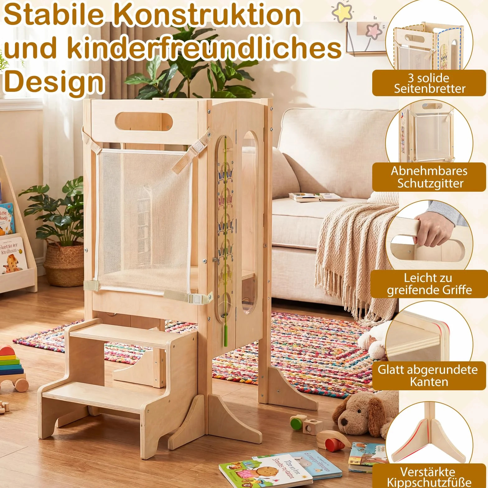 COSTWAY Wieża edukacyjna 4 w 1, składana, taboret z drewna z 2-stopniowym taboretem, tablicą i zdejmowaną siatką zabezpieczającą, Learning Tower Montessori, stołek dla dzieci od 3 lat, kolor naturalny