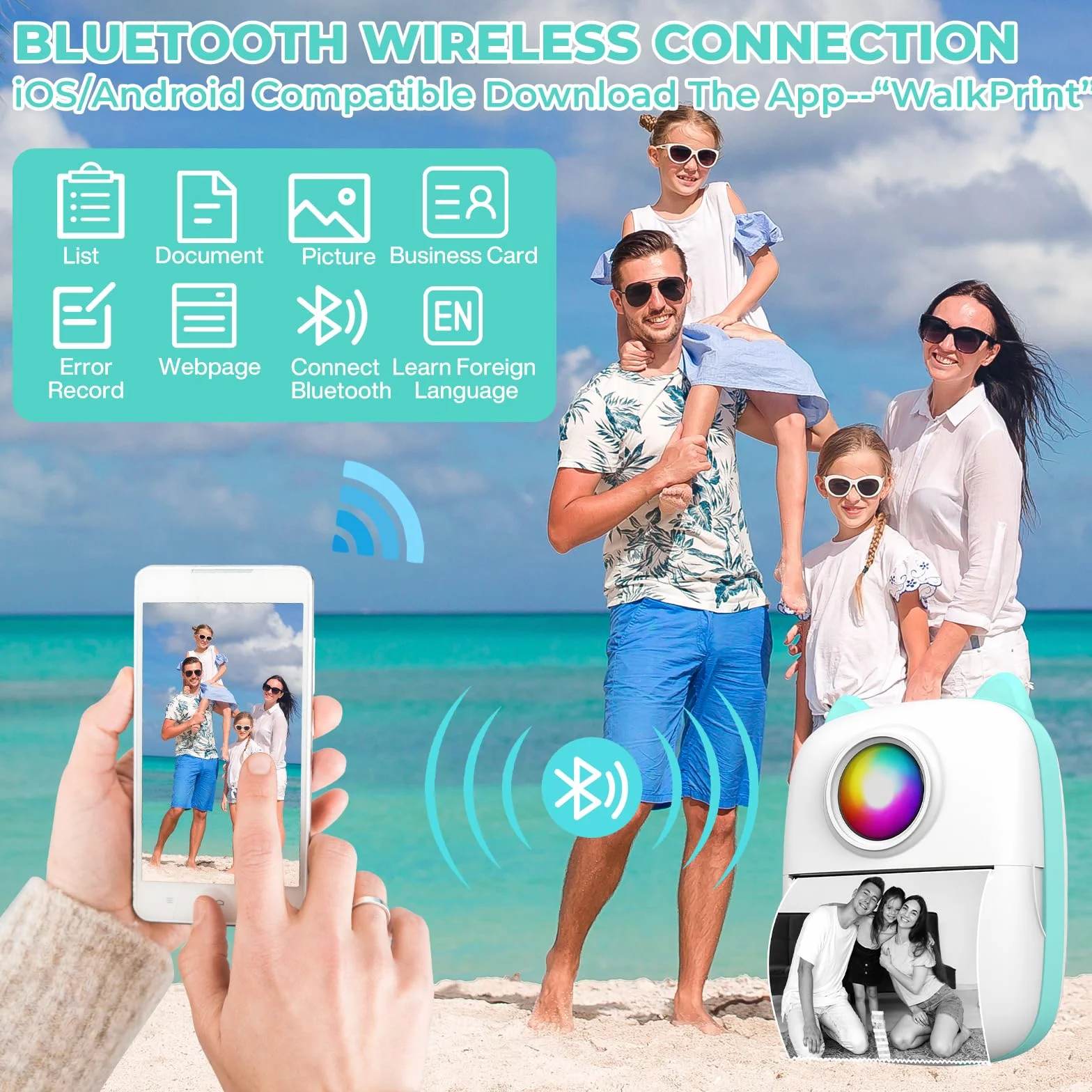 Mini drukarka przenośna termiczna drukarka bezprzewodowa Bluetooth mobilna drukarka fotograficzna kompatybilna z iOS i Androidem do notatek, dziennika, zdjęć (niebieska)