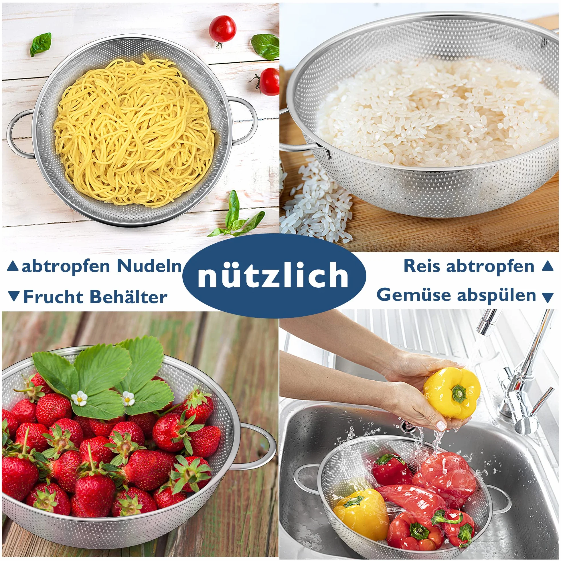 Herogo durszlak 28 cm, sitko kuchenne ze stali nierdzewnej z uchwytem, sitko do makaronu z mikroperforowanym ociekaczem do opróżniania i płukania warzyw/owoców/makaronu