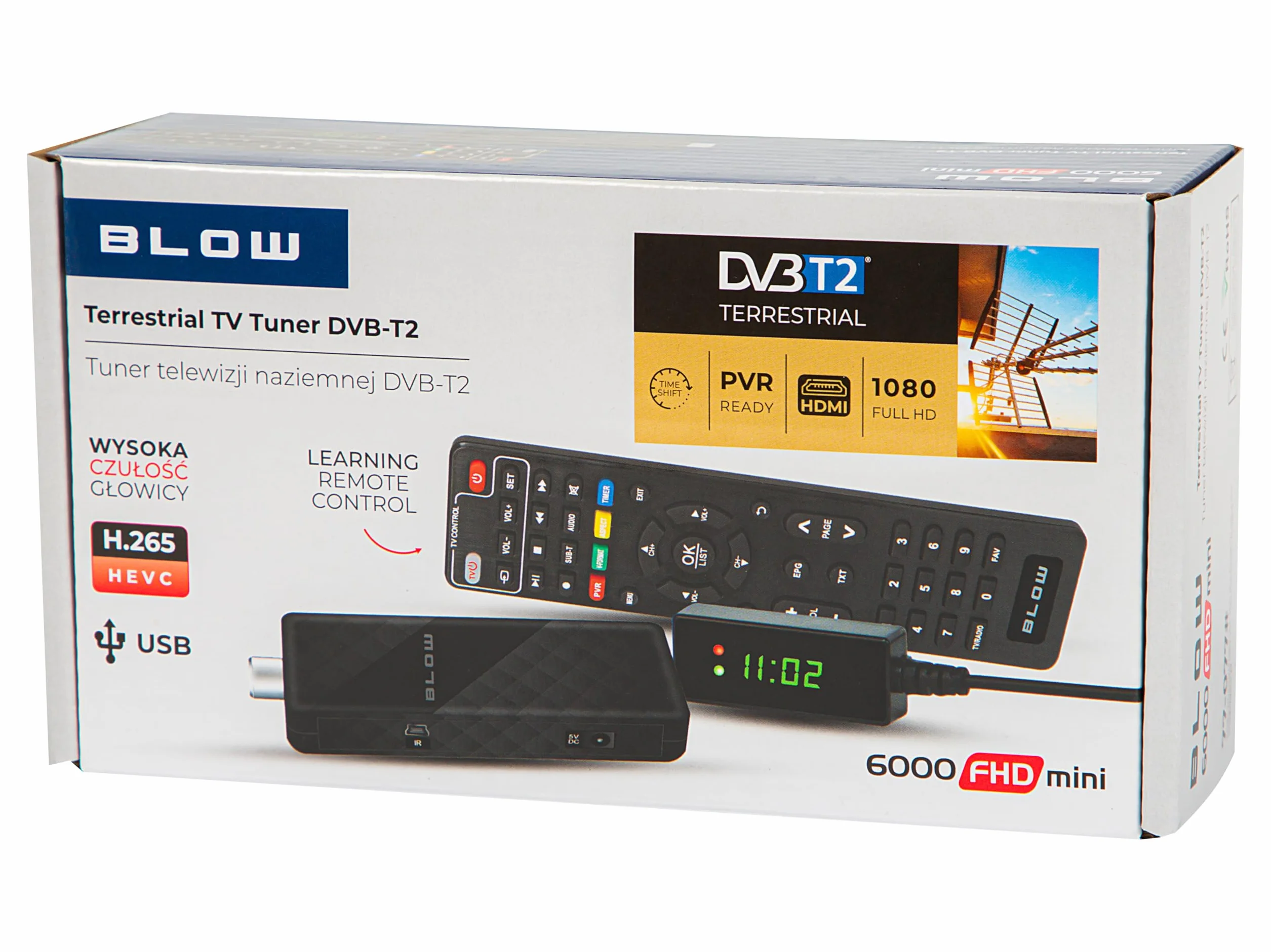 BLOW DEKODER TV DVB-T2 TUNER HEVC H.265 MINI STICK FULL HD PILOT HDMI USB ZESTAW