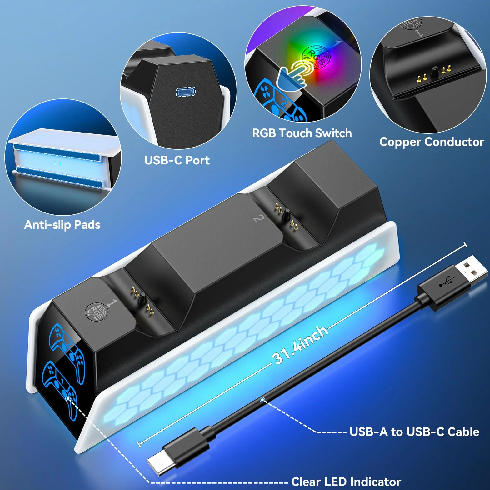 KDD Stacja ładująca do kontrolera PS5 i PS5 Edge, ładowarka z wskaźnikiem LED, akcesoria do Playstation 5 z kablem USB-C