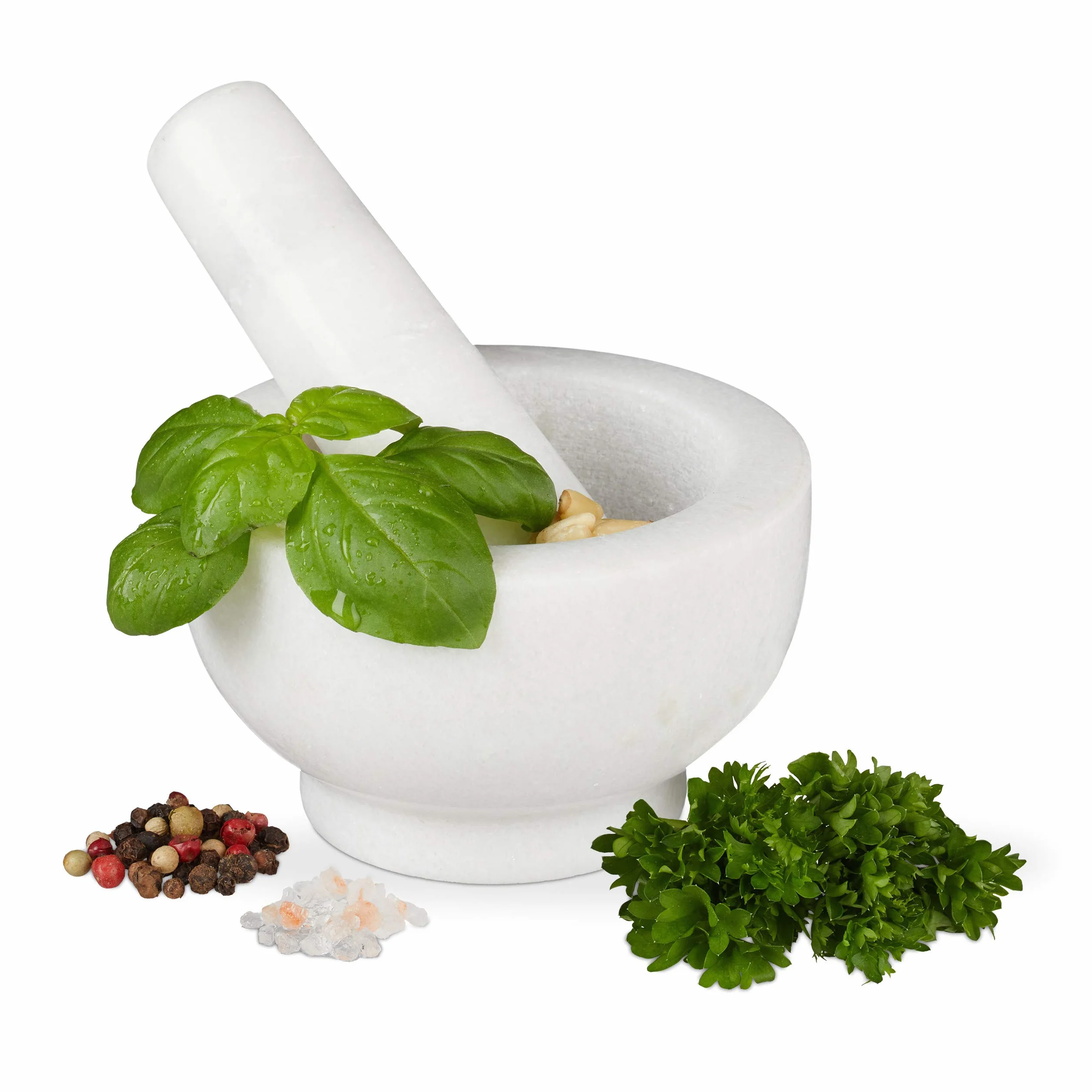 Relaxdays Marmurowy moździerz z tłuczkiem, wytrzymały i trwały, przyprawy, zioła, polerowany kamienny moździerz, Ø 10 cm, poj. 120 ml, biały, 6 x 10 x 10 cm