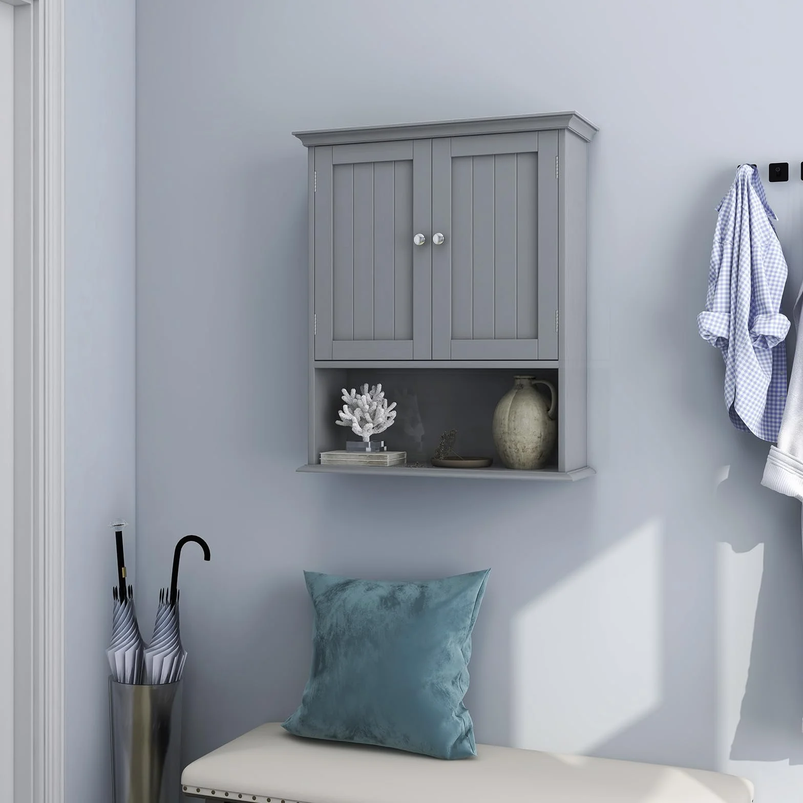 LIFEZEAL szafka łazienkowa z drewna, szafka naścienna z regulowanym regałem i 2 drzwiami, szafka wisząca do łazienki 60 x 19 x 71 cm, szafka podwieszana do WC, szafka kuchenna (szary)