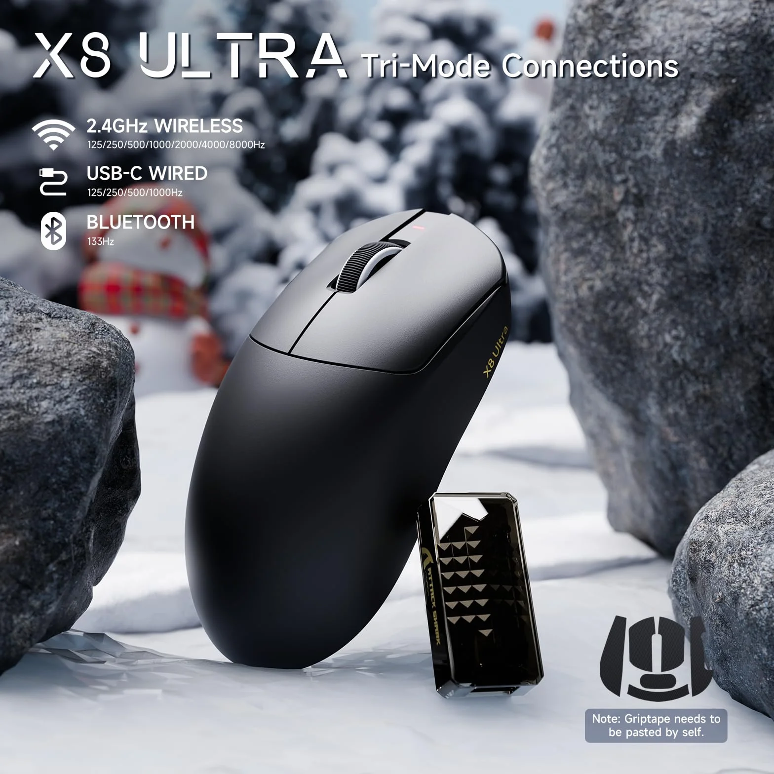 ATTACK SHARK X8 Ultra 8KHz Bezprzewodowa Mysz Gamingowa, 55g Ultralekkie, Nordic 52840, PAW3950MAX, 42KDPI, BT/2.4Ghz/USB-C, Chłodne Nano-Pokrycie, Dużych Rąk, 500mAh, Griptape, SW&Web Driver (Czarny)
