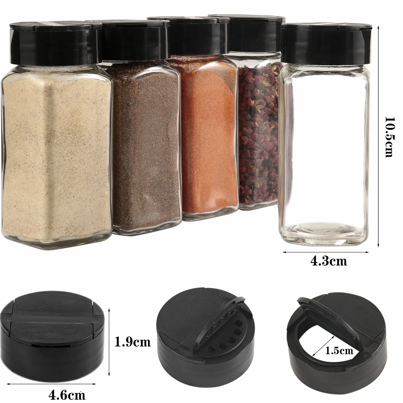 Pojah Zestaw 12 szklanych pojemników na przyprawy, kwadratowe, z czarną pokrywką, lejkiem, szczotką, etykietami i pisakiem kredowym, 120 ml, 10,5 x 4,3 cm