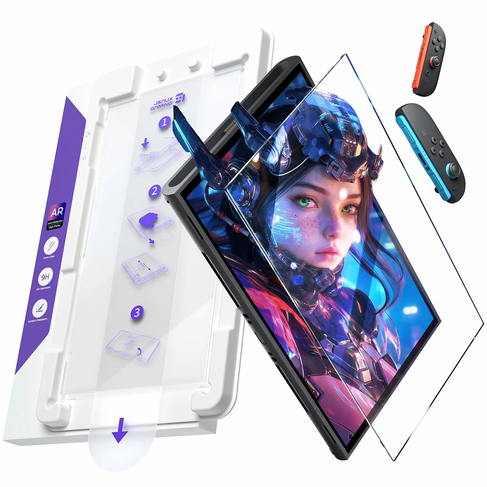 JSAUX Obsidian AR szkło ochronne na wyświetlacz do Switch 2 z pomocnikiem montażowym, instalacja 2-etapowa, antyrefleksyjna powłoka AR, wysoka przejrzystość, twardość 9H, bez pęcherzyków powietrza