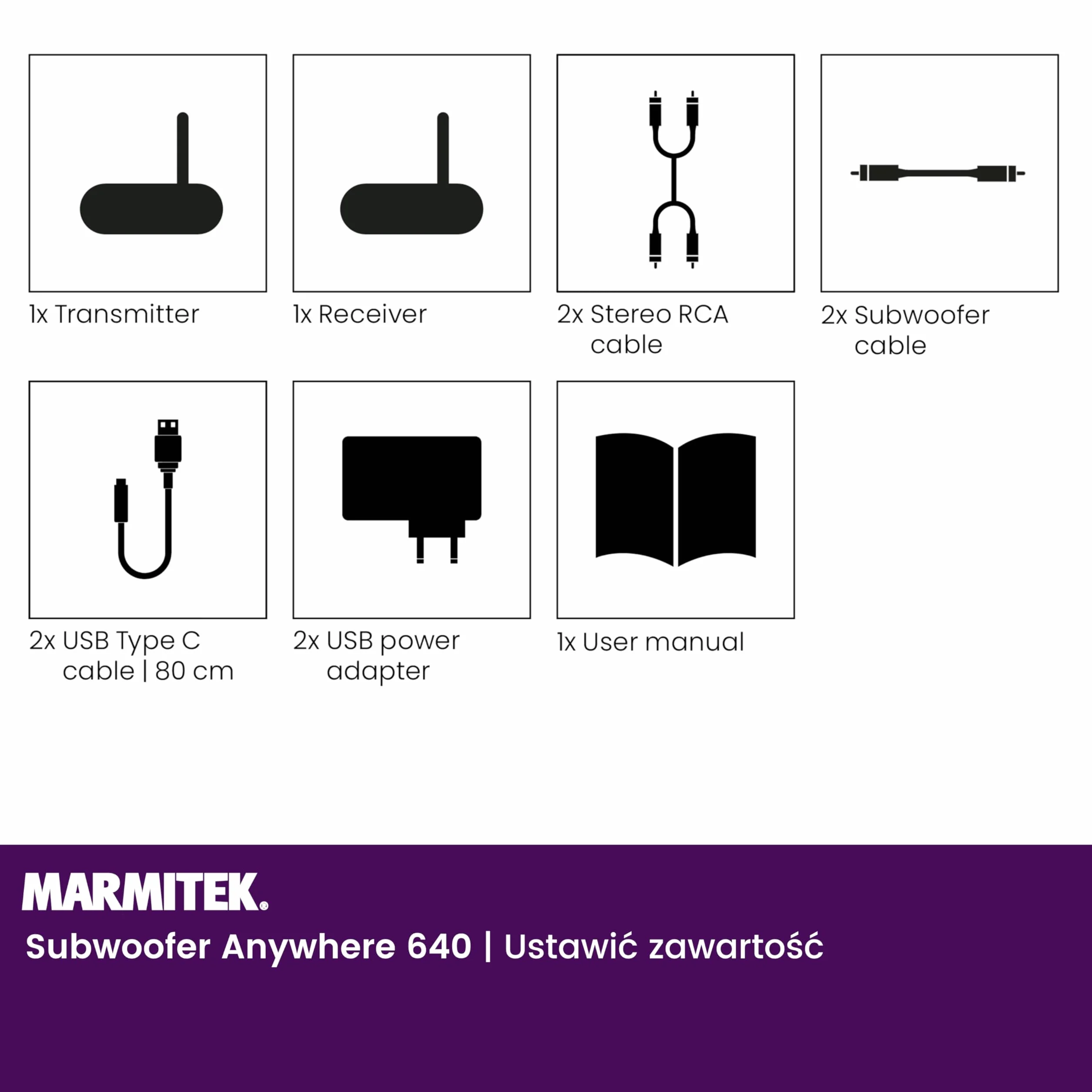 Zestaw bezprzewodowy do subwoofera Marmitek Subwoofer Anywhere 640 - Sub aktywny LFE/Line - Cyfrowa stabilna transmisja, pozłacane RCA, auto standby - USB-C