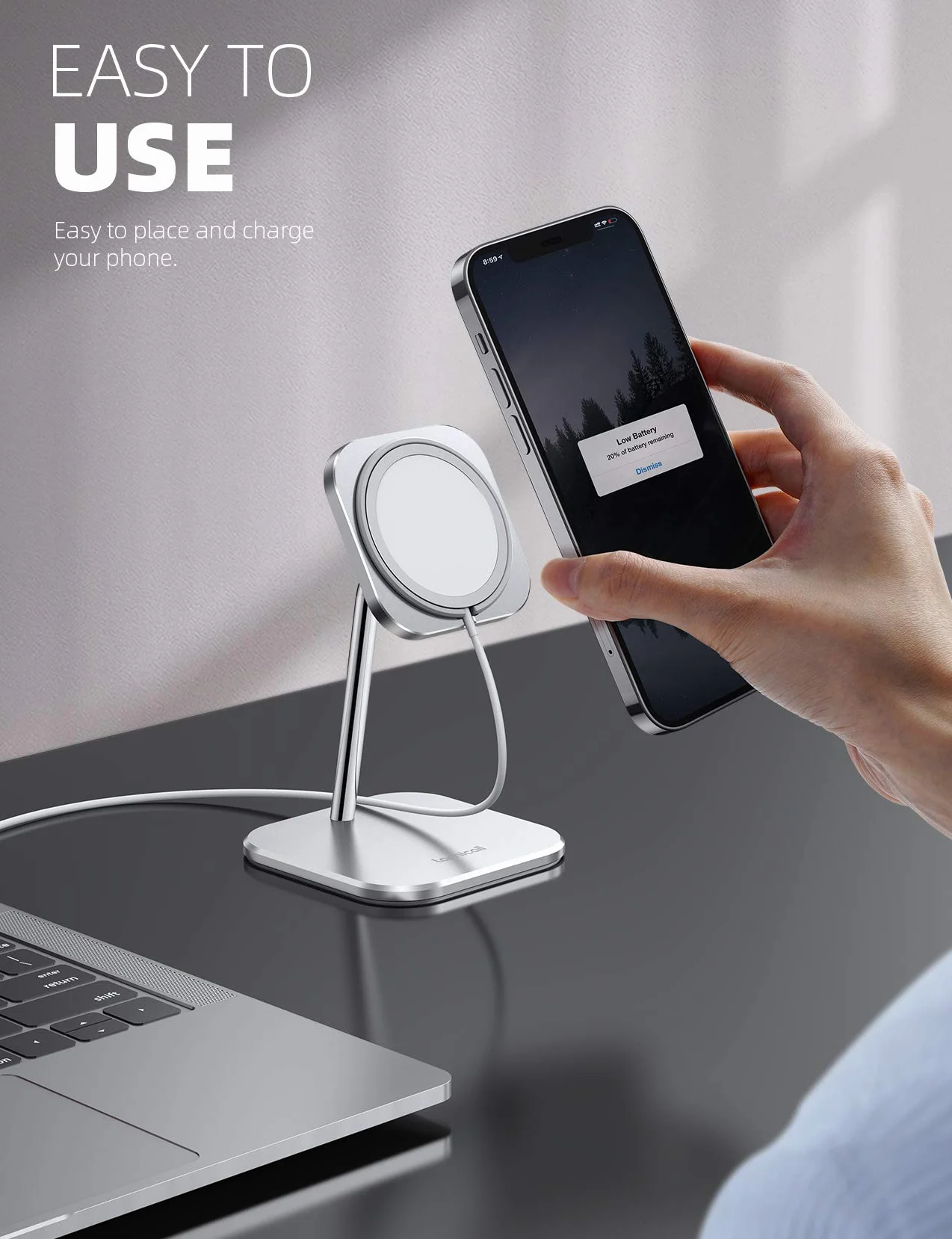 Lamicall Stojak na telefon do ładowarki MagSafe – regulowany aluminiowy uchwyt do ładowania w trybie czuwania do iPhone'a 16, 16 Plus, 16 Pro, 16 Pro Max, serii 15 14 13 12 [ładowarka nie jest